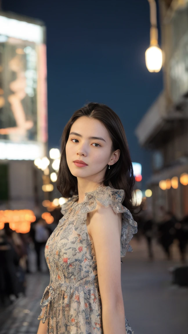 cinematic film still, Outdoor, ((night)), ((Beautiful starry sky)), 135mm, Solo, a girl traveling wonderland and standing in marketplace, 1 girl, ((15 years old girl, beautiful face, slender body, sexy dress)), ((Ideal ratio body proportions)), real skin type, photorealistic, realistic facial skin,((top quality:1.4)), Intricate 3d rendering of highly detailed facial skin, natural skin texturqe, detailed skin, detailed skin pores & face texture, pores, ((goosebumbs:1.2)), . Focus on face, high light, depth of field, UHD, masterpiece, super detail, textured skin, 8k, best quality, highres, ((photorealistic:1.3)), sharp focus, raw photo, hyper realistic, ((hyper realism:1.3)), ray Tracing, insane details, HDR, professional lighting, film grain, grainy