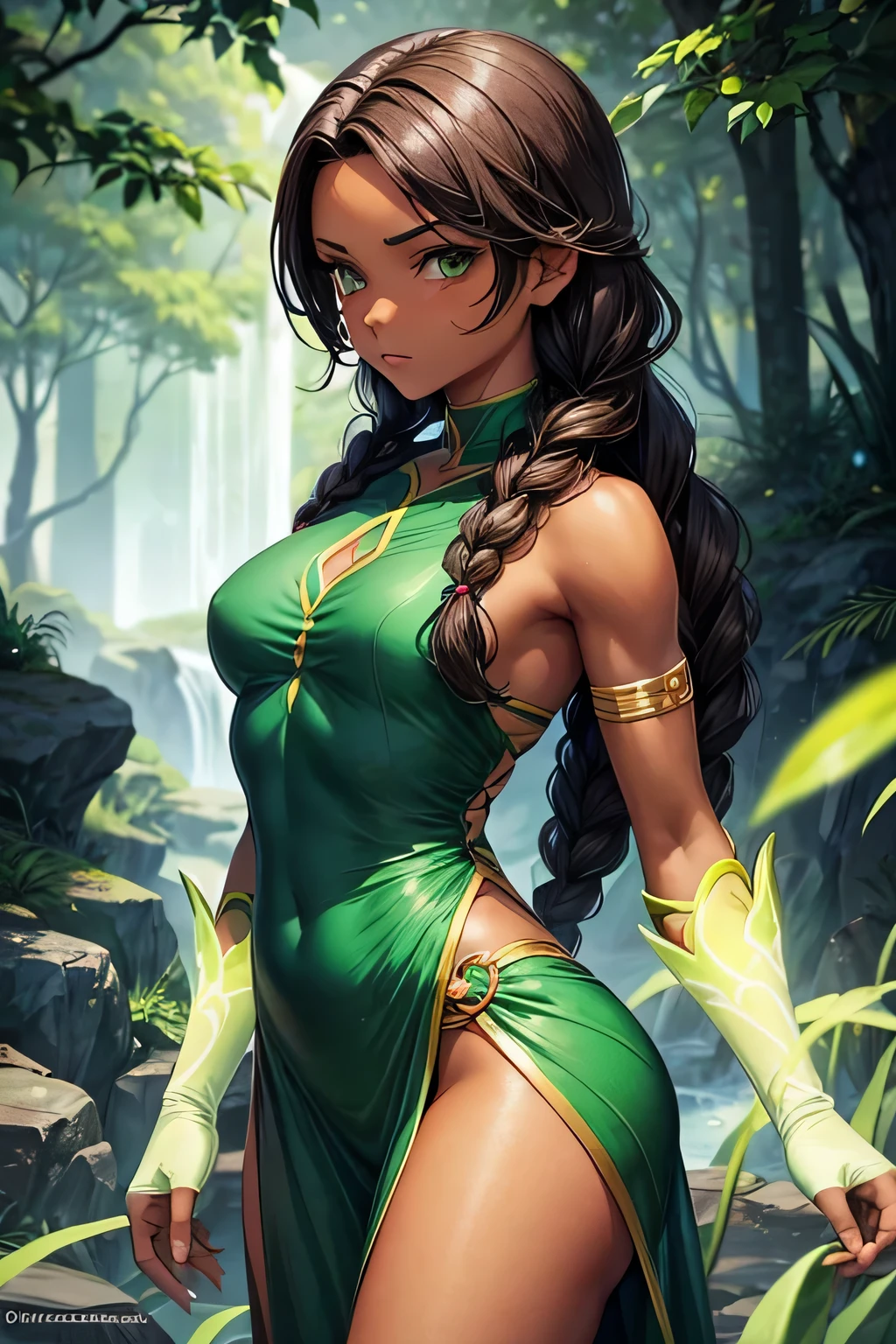 Earthbender human woman with tanned skin. She is a 16-year-old ager with green eyes and green clothing. Her hair is brown in a just ONE braid. She is beautiful and her skin is dark in color. Her skin is slightly dark. Earthbender. Tsundere face. Beatifule and complete clothing