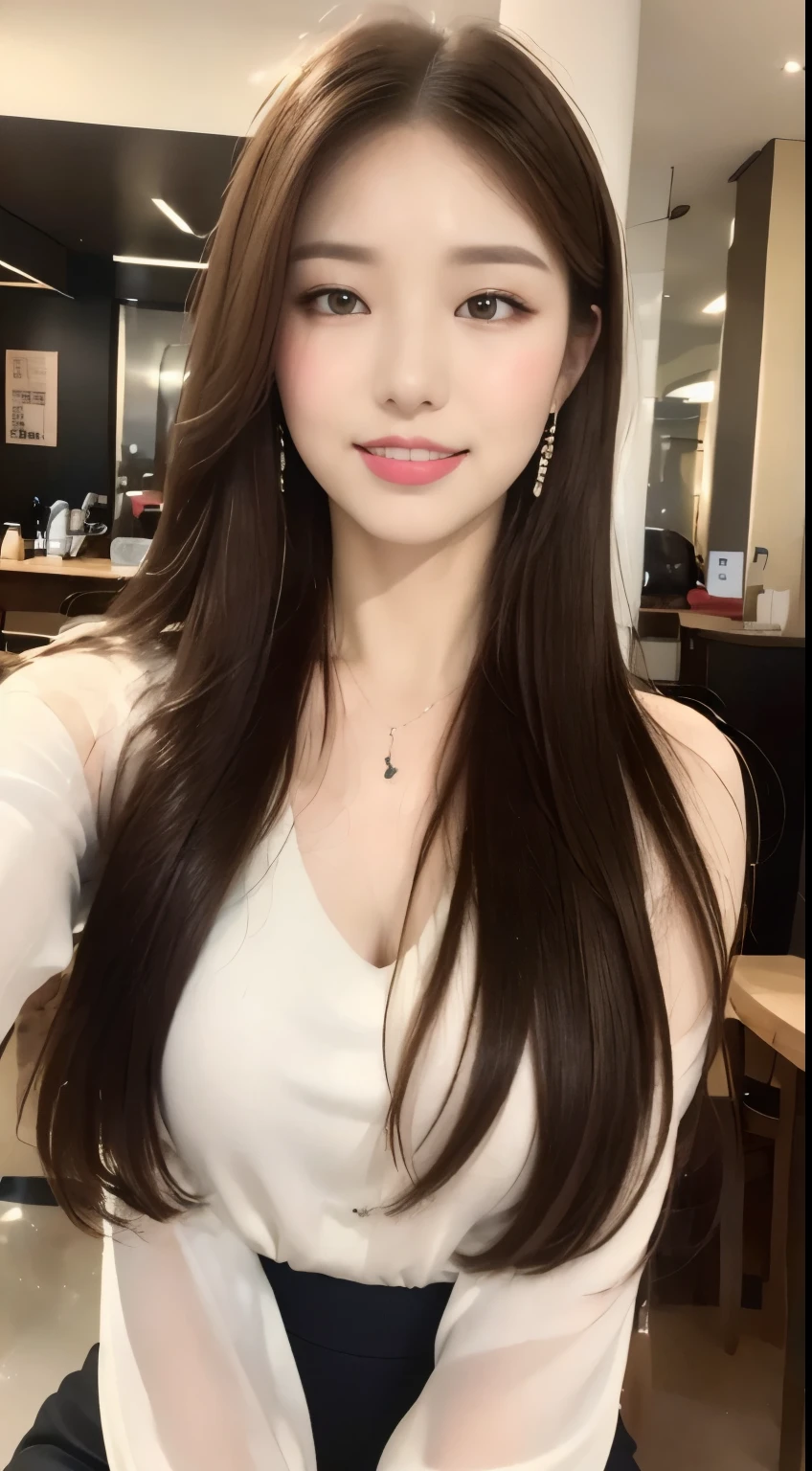 ((highest quality, 8k, masterpiece :1.3)), One girl, Selfie, Open your mouth, Very attractive smile:1.2, Red lipstick:1.2,Slim face, Beautiful woman, Big Breasts:1.3, Highly detailed face, double eyelid,  Blur the background, Slim face, city, outside, sunny, null, nature,Cafe,looking at the camera,White loose blouse,Purple tight skirt,(masterpiece: 1.3), (Maximum resolution: 1.4), (Ultra high definition: 1.2), Cinematic Light, Ultra high definition, (Detailed eyesと肌), (Detailed facial features), 8k resolution, Perfect Style, Beautiful expression、Highly detailed face and skin texture、Detailed eyes、Glitter Eyeliner:1.2、Thin cheeks、((Pure white skin:1.4)),Glossy Lips:1.2、((Full Body Shot:1.2)),(Straight Hairstyles、Light brown hair)、One-length long hair、175cm,From above