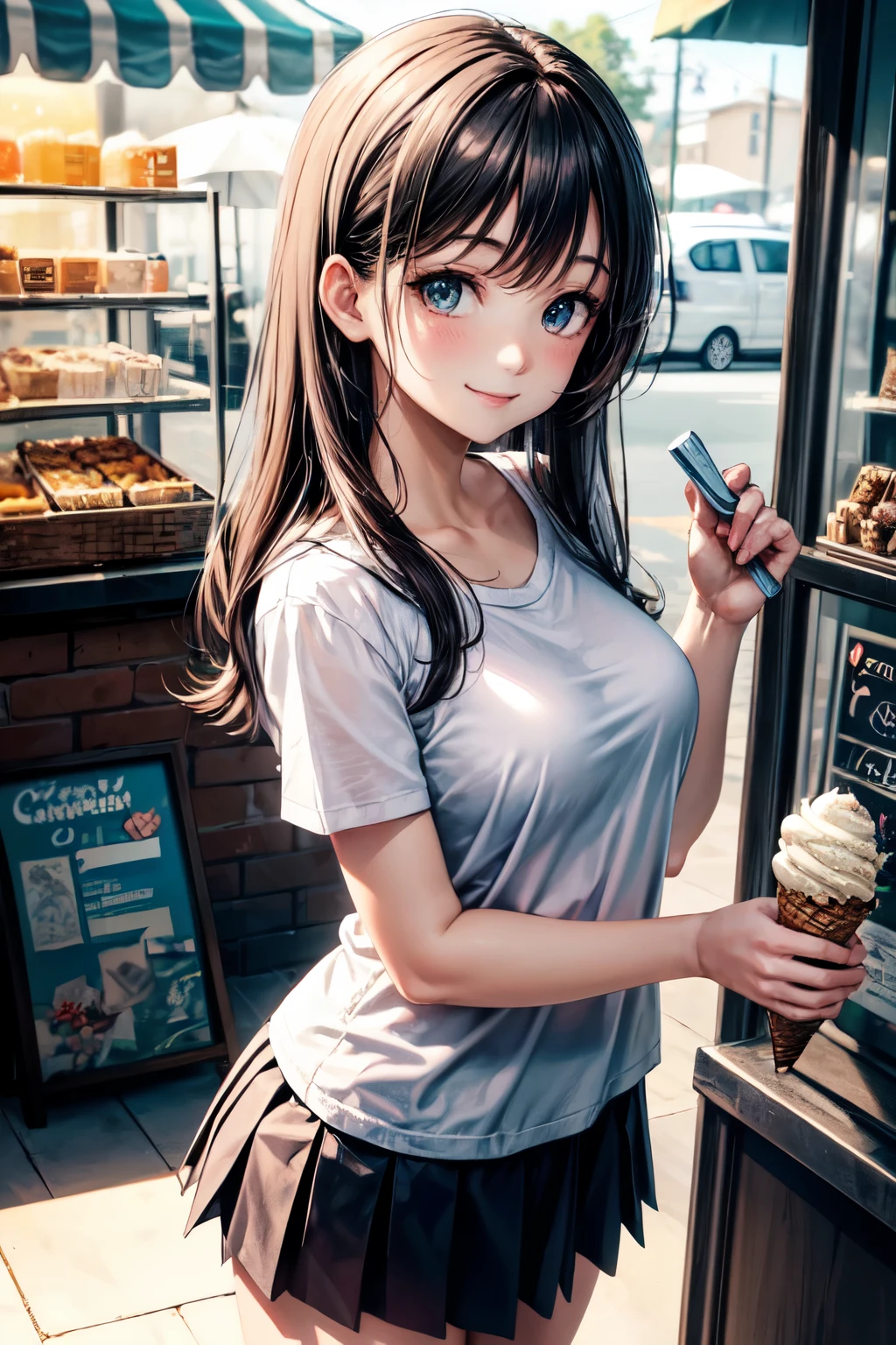 very cute and beautiful girl,(highly detailed beautiful face and eyes),(smile),happy,
black hair,looking at viewer,standing in front of ice cream stand wagon,T-shirt,pleated mini skirt,
(best quality,masterpiece:1.0),absurdres,highres,ultra-detailed,extremely detailed,32k,8k resolution,
intricate details,cinematic scene,detailed background,solo,dynamic angle,
