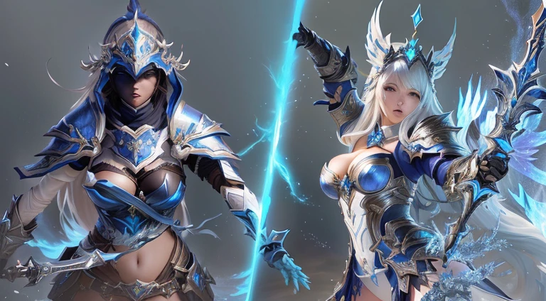 Wearing armor、Female figure holding a sword, Blue and white armor,Huge Breasts，Showing cleavage， Lineage 2 风格, From《Lineage 2》, Game CG, Multiplayer online role-playing games fantasy, Ice and Storm Queen, Sword Soul, <Multiplayer online role-playing gamess scene, fantasy duel, Multiplayer online role-playing games, Final Fantasy 14: Skyward Sword, Wizard Duel, Nixon and Sakimchan, Fantasy Battle