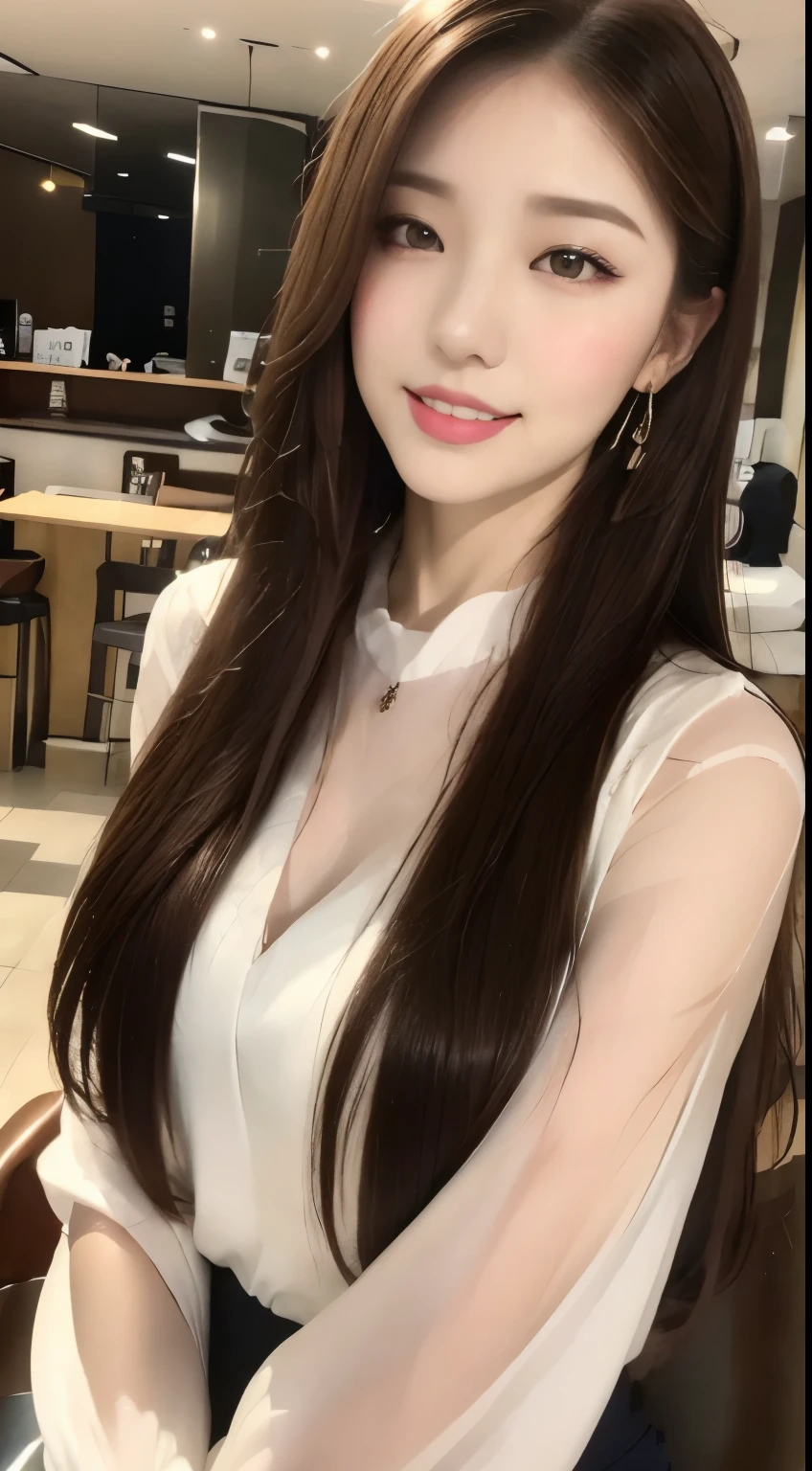 (1 Korean star with royal sister style), ((Best quality, 8K, 巨作: 1.3)), focal point: 1.2,Tall and tall: 1.4, (Make a smile), (Ray traching),Watery eyes, Highly Detailed Face and Skin Textur, Fine eyes, Double eyelids, Whitens the skin, (long whitr hair, Air bangs: 1.3), (face round: 1.5), (White dress: 1.4), (duck sitting,sitting in a bar: 1.6),(black lence stockings: 1.4),(Preppy style:1.4)