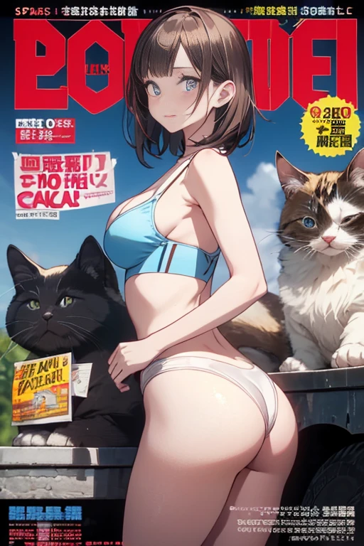 (from above:1.2),(from side:0.9), ((Face)), (Close-Up:0.4), ((looking at viewer, holding a cute cats)),(magazine cover:1.4), highest quality、(real、photorealistic:1.4),(ultra high resolution, 8K RAW photo, clear focus), best qualtiy, natural lighting, field depth, (Bright pupils, detailed beautiful eyes, high detailed face), Red lip, (tight focus:1.2, from below), sexy posing, seductive weak smiling, Looking at Viewer, Cinematic lighting, Perfect, softlight, High resolution skin:1.2, Realistic skin texture, body tired from sports、30 years old mature woman、a small face、beautiful-makeup、Makeup light、Shortcut Hair、dark brown hair、Bust b Cup, Amazing Cleavage:1.2, thin waist, big ass, Raised sexy, big breast: 1.2 posed cleavage:1.2、off shoulders、Sportsbra、legginullnude、cute wall background .