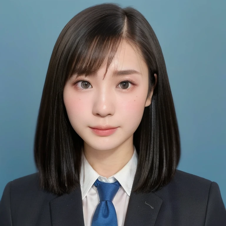 (kawaii 24 year-old Japanese girl, Nogizaka idol, Korean idol), (glossy black hair, short bob, even and symmetric hair design:1.3), (deep black eyes, rounded face, single eyelid, no makeup, serious expression:1.2), (wearing suit jacket, collared shirt, necktie:1.3), (extra small breasts:0.9), (facing straight at camera:1.2), BREAK, (simple blue background, yearbook background:1.3), (portrait, id photo, bust shot, view from straight forward:1.3), (keep enough top margin to avoid the head cropped:1.3), BREAK, (masterpiece, best quality, photo realistic, official art:1.4), (UHD, 8K quality wallpaper, high resolution, raw photo, golden ratio:1.3), (shiny skin), professional lighting, physically based rendering, award winning, (highly detailed skin, extremely detailed face and eyes), Carl Zeiss 85 mm F/1.4, depth of field, 1girl, solo,
