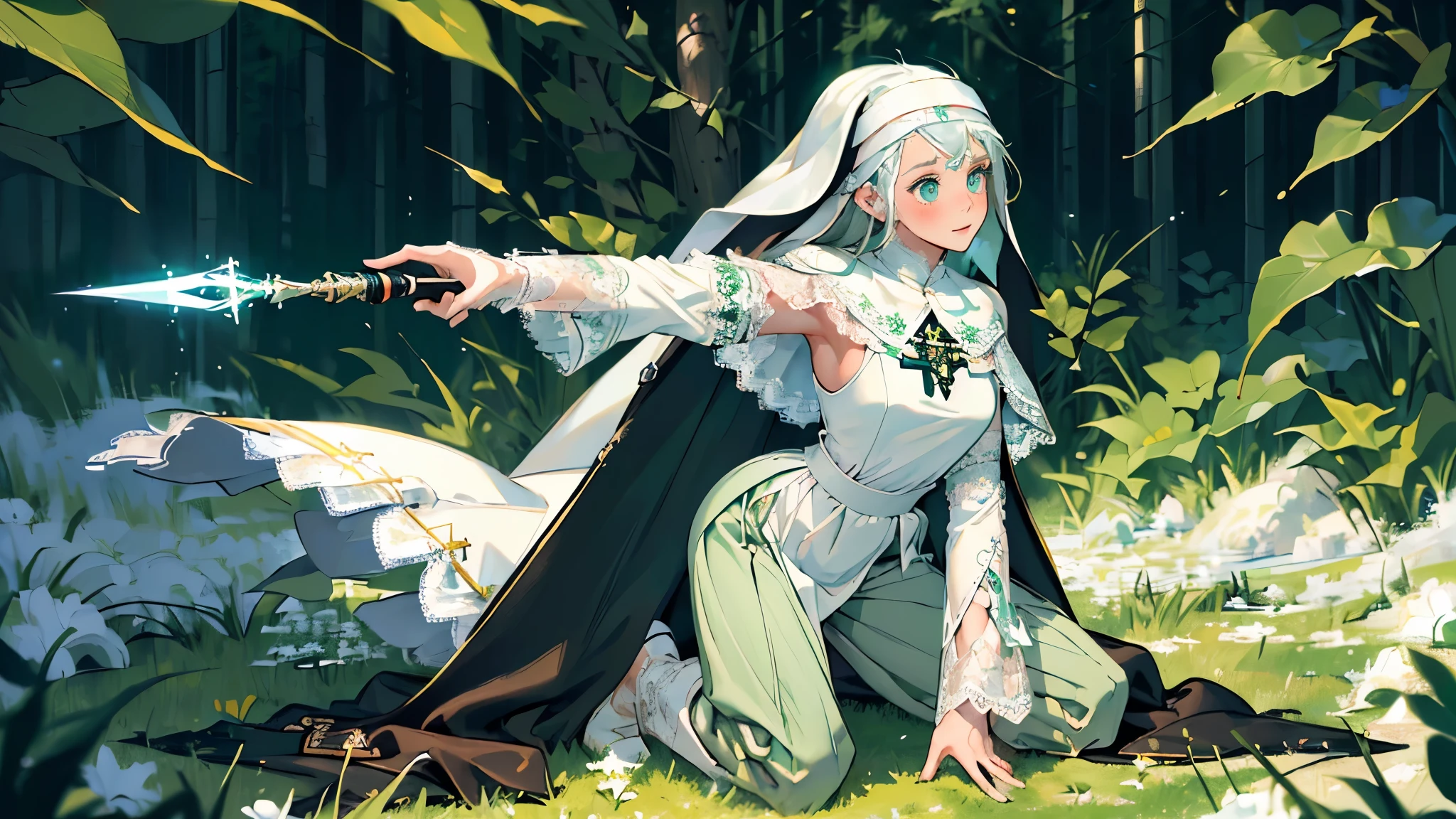 masterpiece, best quality, absurdres, <lora:snowwhite_nikke_v2-000009:1>, nikkesw,
1girl, solo, cowboy shot, standing, field, sunbeam, white flower, lily \(flower\),
closed eyes, white hair, long hair,
headgear, cloak, kneeling