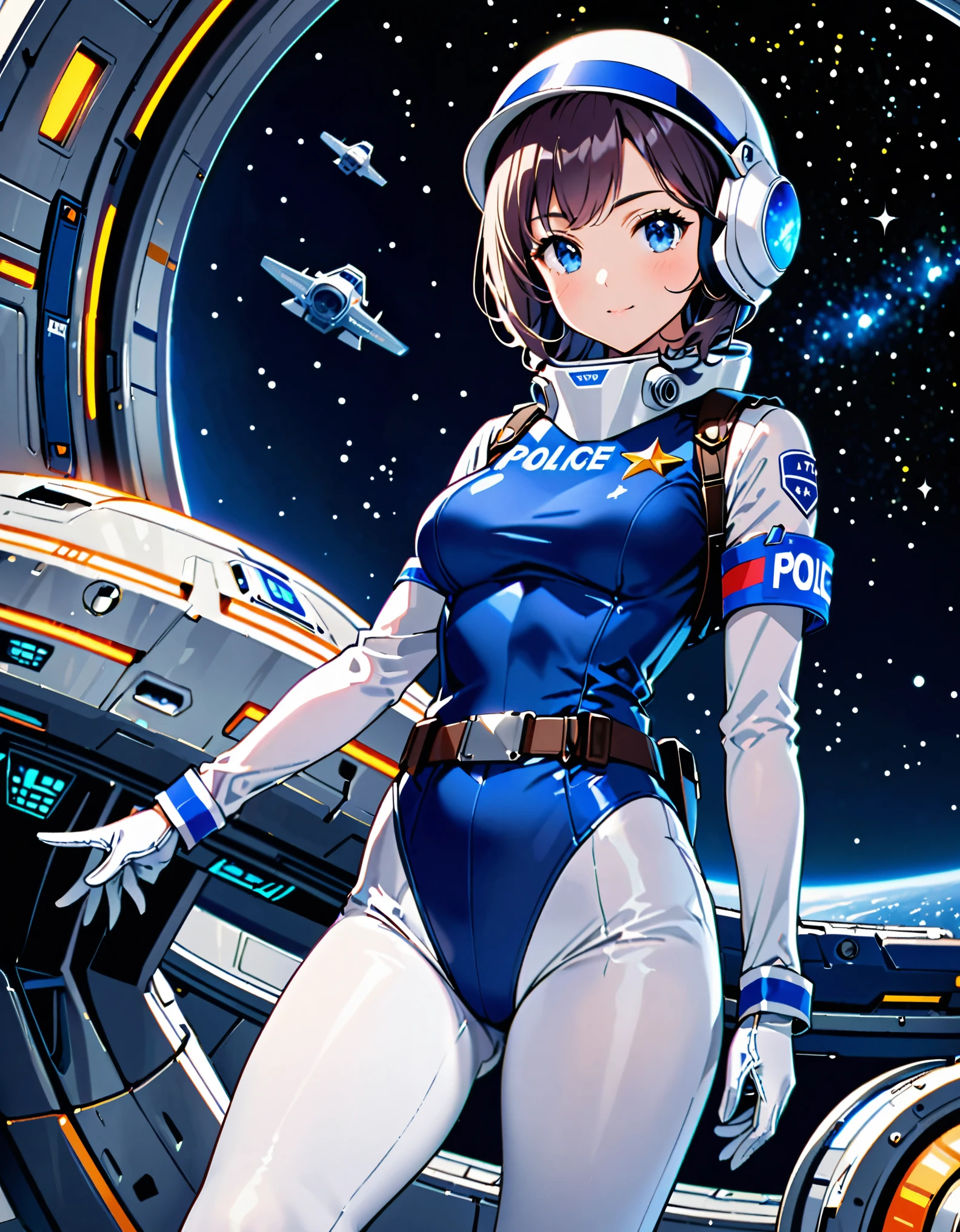 (masterpiece), (best quality), (high res),1girl, tall body, beautiful detailed eyes, beautiful detailed face, cute face, perfect hands, complete fingers, perfect anatomy, perfect proportions, ((hat, dark blue space helmet)), ((leotard, matching leotard, full white leggings)), ((boots, matching boots)), breasts, medium breasts, full gloves, (full body portrait), looking at viewer, solo, solo focus, flying in space, police uniform, cowboy shot, space station backdrop, outdoors, outer space, jetpack, (belt, tight belt), (armbands, white sleeves), full body costume design.