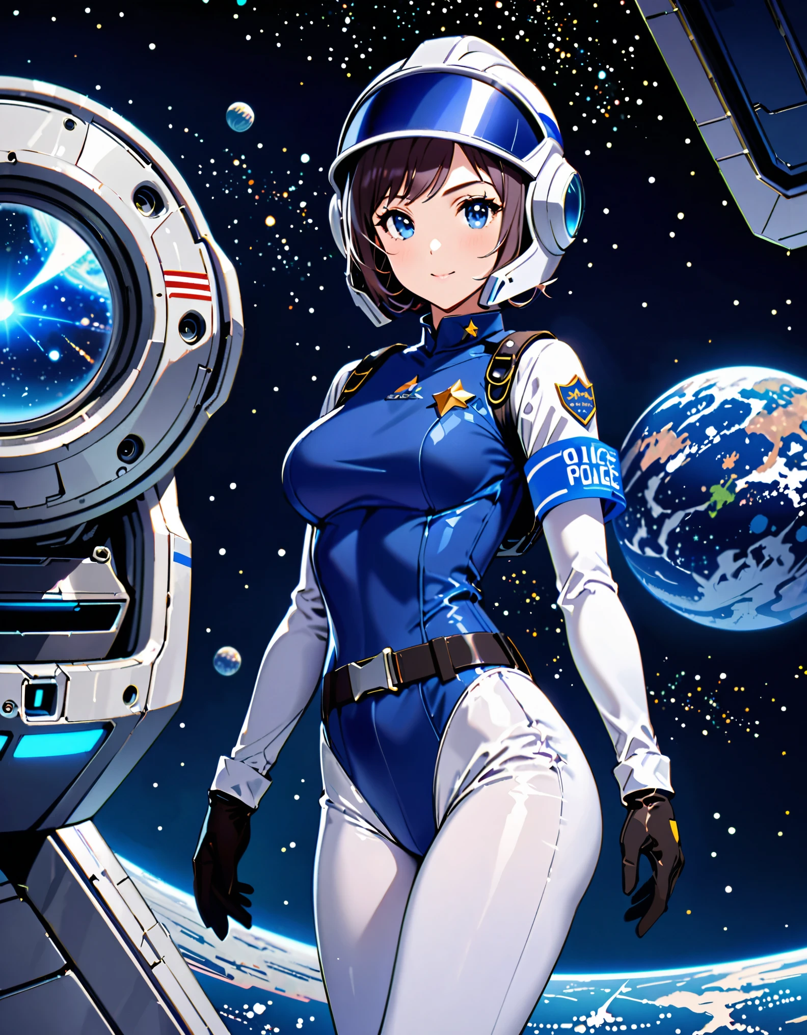 (masterpiece), (best quality), (high res),1girl, tall body, beautiful detailed eyes, beautiful detailed face, cute face, perfect hands, complete fingers, perfect anatomy, perfect proportions, ((hat, dark blue space helmet)), ((leotard, matching leotard, full white leggings)), ((boots, matching boots)), breasts, medium breasts, full gloves, (full body portrait), looking at viewer, solo, solo focus, flying in space, police uniform, cowboy shot, space station backdrop, outdoors, outer space, jetpack, (belt, tight belt), (armbands, white sleeves), full body costume design.
