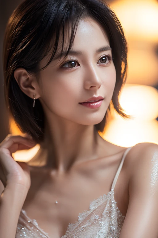 Fashion Model，Age 25，[[[[Cleavage close-up]]]], [[[[Boobgasm]]]], [[[[col]]]], [[[[bs shoulder]]]],Perfect Eyes, Perfect Iris，Perfect Lips，Perfect Teeth，Perfect Skin，White skin，High Dynamic Range，Movie Girl，(Delicate face)，(Very clear face)，Shooting in the city，(White lace underwear)，4K, Ultra-high resolution, (Realistically: 1.4), The best quality at its best，masterpiece,(From the thigh up)、Bob Hair,