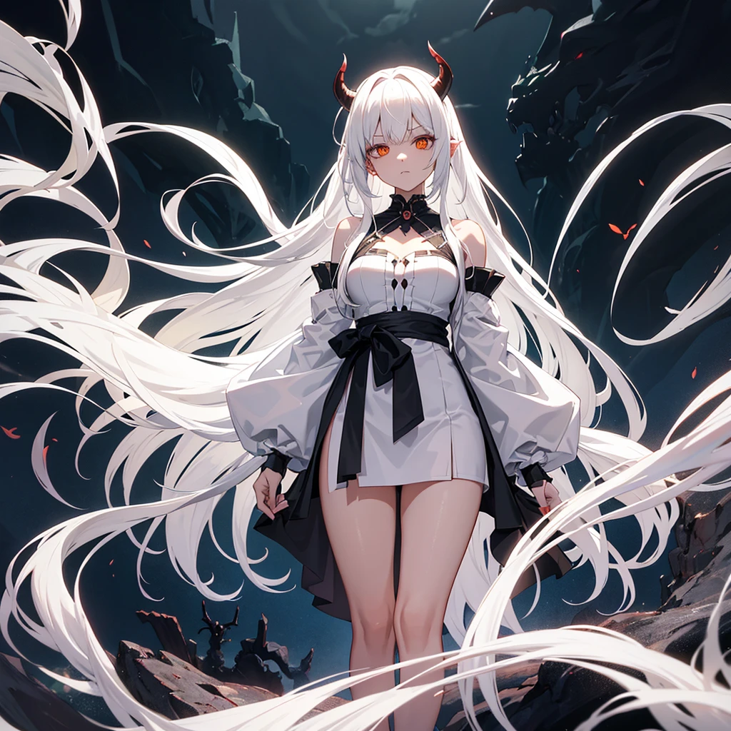 Demon slayer styled demon with tan skin, long straight white hair thay goes down to the ground, she has small stubby horns and some bodh designs, she is surrounded bu a dark forest and creepy clouds. Her eyes are green and orange, she looks at you creepily and deadly, she wears white loose but revealing clothes and she is very powerful and looks like she is the definition of evil