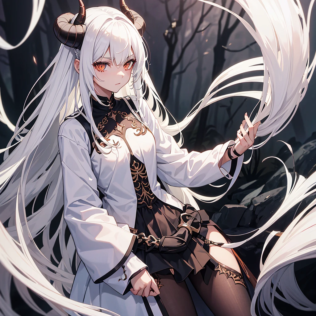 Demon slayer styled demon with tan skin, long straight white hair thay goes down to the ground, she has small stubby horns and some bodh designs, she is surrounded bu a dark forest and creepy clouds. Her eyes are green and orange, she looks at you creepily and deadly, she wears white loose but revealing clothes and she is very powerful and looks like she is the definition of evil