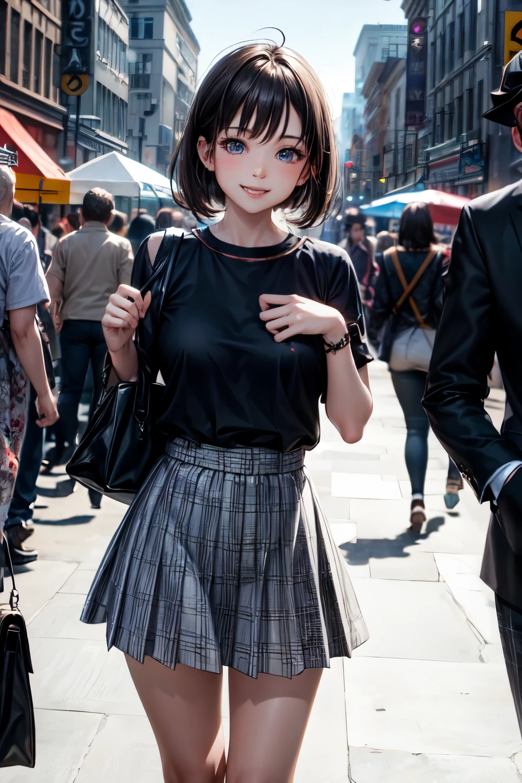 very cute and beautiful girl standing near building,(highly detailed beautiful face and eyes),
cowboy shot,cute spring fashion outfits,pleated mini skirt,looking at viewer,(smile),black hair,(black bag),
city square,downtown street,people,crowd,
(best quality,masterpiece:1.0),absurdres,highres,ultra-detailed,extremely detailed,32k,8k resolution,
intricate details,cinematic scene,detailed background,solo focus,dynamic angle,