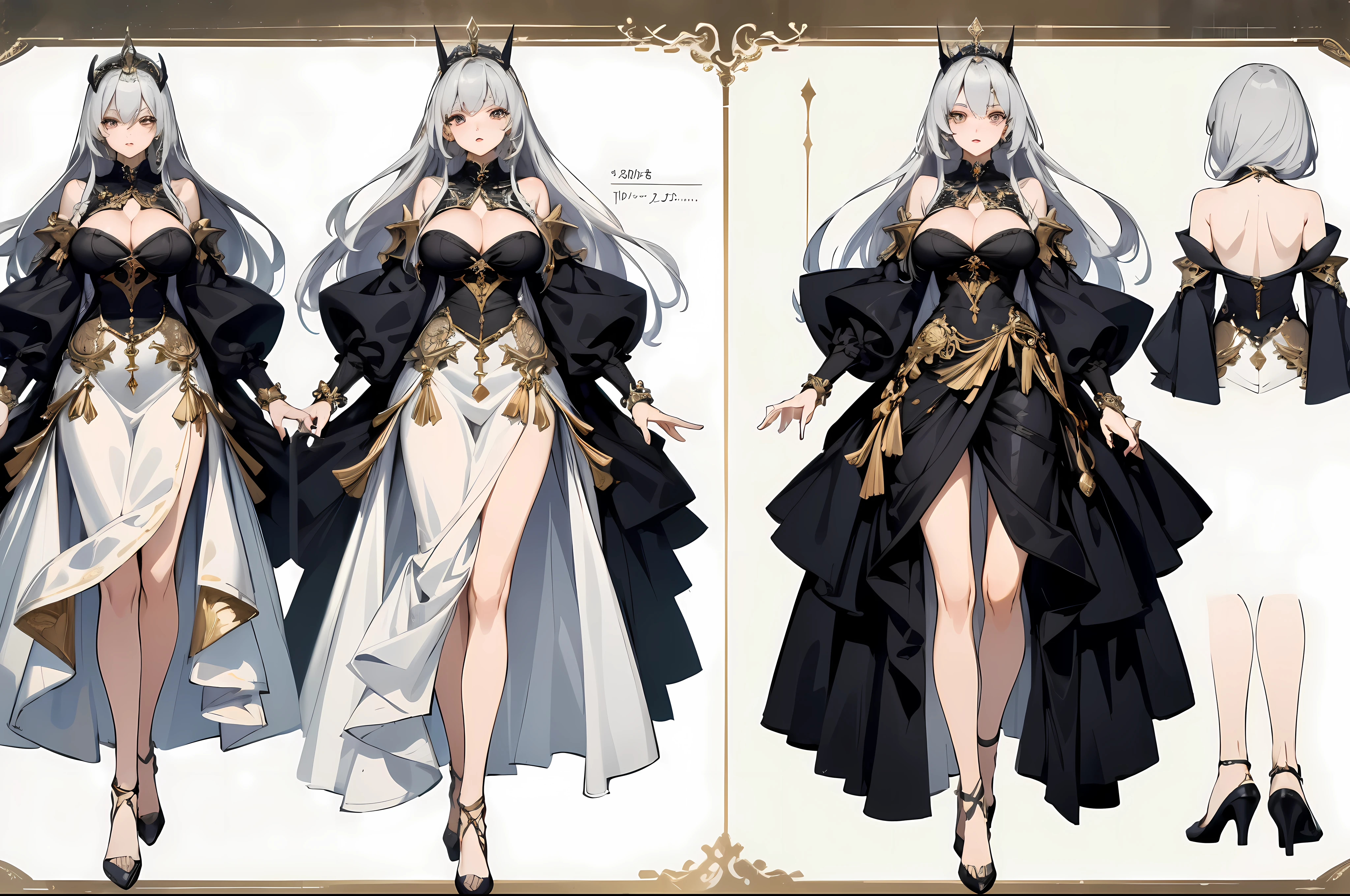 ((masterpiece, top quality)), Delicate face, Role List, whole body, Rich in details, Multiple poses and expressions, Very detailed, depth, Many parts, 1 beautiful mature woman (Huge breasts) Very long silver hair and silky, Silver Eyes, Red lips, Sensual body, The Queen in a black gown with gold details, With jewels and a golden headdress, and a serious expression.