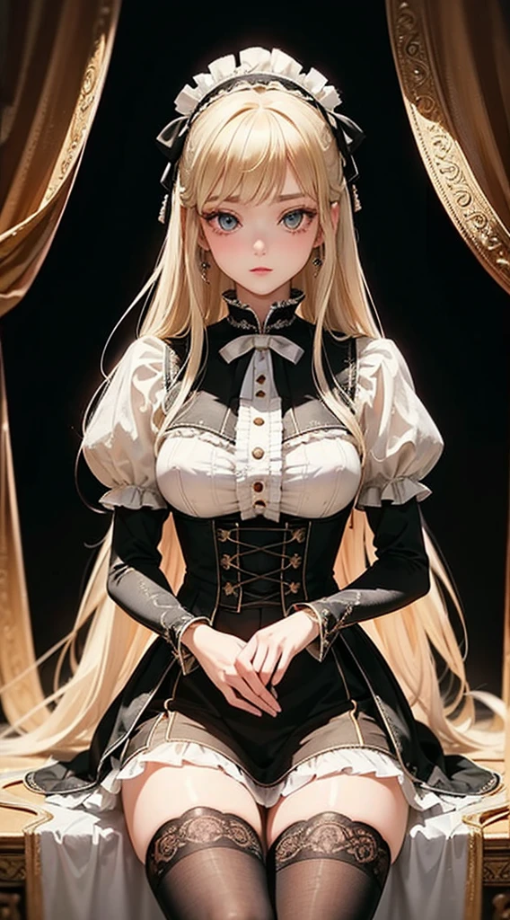 Western Fantasy，Victorian，((highest quality)), ((masterpiece)), ((Ultra-detailed)), (Very delicate and beautiful),Mysterious figure covered in translucent cloth,A girl with beautiful, detailed eyes,Black knee-high socks,(Absolute area;1.3),Long blonde hair