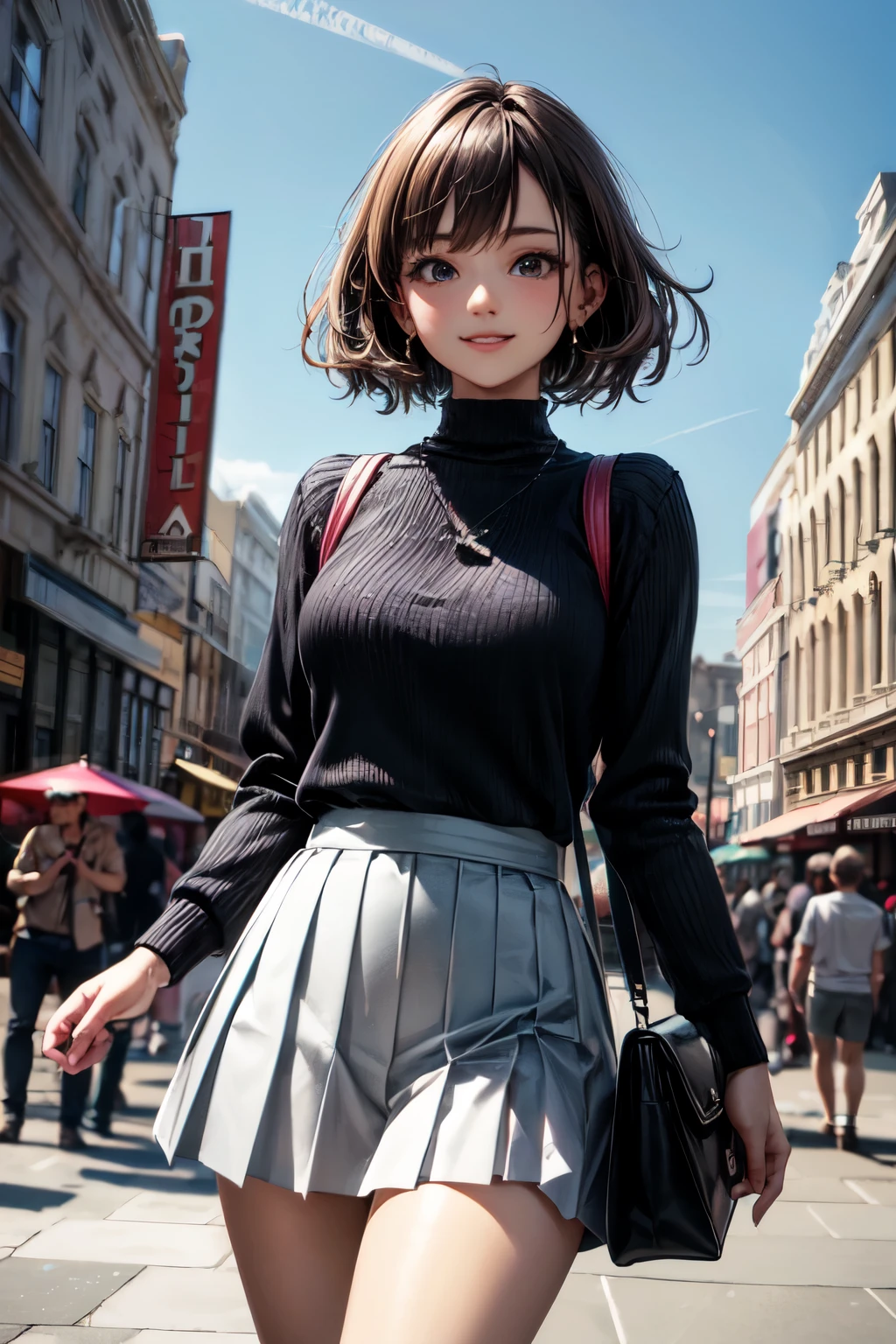 very cute and beautiful girl standing near building,(highly detailed beautiful face and eyes),
cowboy shot,cute spring fashion outfits,pleated mini skirt,looking at viewer,(smile),black hair,(black bag),
city square,downtown street,people,crowd,
(best quality,masterpiece:1.0),absurdres,highres,ultra-detailed,extremely detailed,32k,8k resolution,
intricate details,cinematic scene,detailed background,solo focus,dynamic angle,
