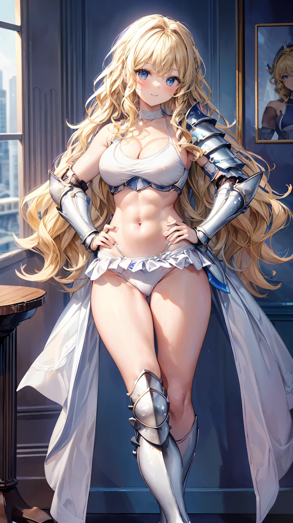 Very detailed、highest quality、Best image quality、masterpiece、8k、Anime Face、A kind smile、Open your mouth、Sparkling blue eyes、(Blonde wavy hair:1.5)、、Muscles of the whole body、Hands on hips、camisole、Thigh belt、mini skirt、(Wearing white bikini armor:1.5)、Cowboy Shot、(Leg armor:1.5)