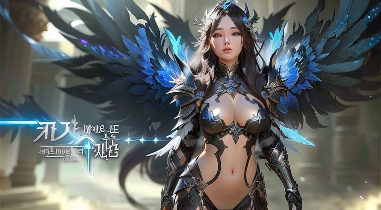 A man in a tights、Woman with wings posing for a photo, Epic Angel Wings, angel knight girl, Korean multiplayer online gamesrpg, From《Lineage 2》, The female villain has black angel wings, angel in plastic armor, Korean multiplayer online games, Beautiful angel girl, Amazing MMORPG, Mysterious Valkyrie, as a Mysterious Valkyrie, Epic fantasy art style HD, Type Germ ; 3D Unreal Engine