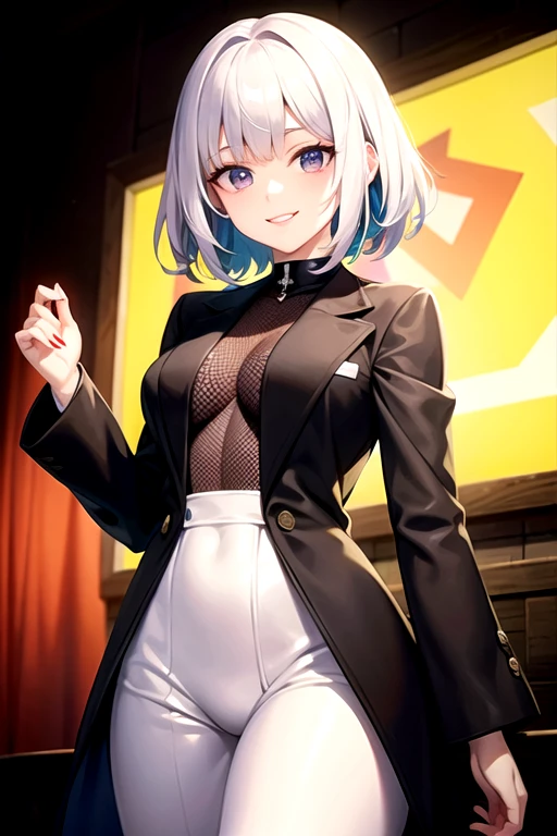 Una chica alta de pelo corto y de color negro con ojos de color rojos y que use un traje de color negro y que este sonriendo y que este saludando