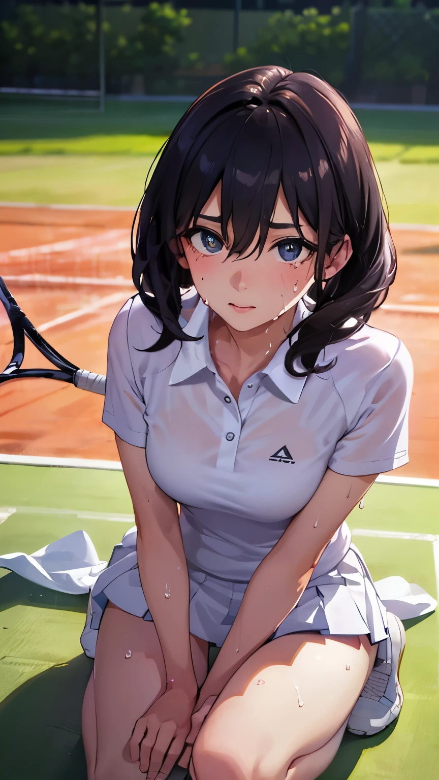 One Girl, White polo shirt, White sneakers, tennisウェア, White pleated mini skirt, Master Painting, highest quality, Photorealistic, Ultra-detailed, (Glossy Skin, Sweaty:1.4), Looking at the audience, Long black hair, Iris,thin,Dynamic light and shadow,High resolution,Sharp focus,Depth of field,The eyes are delicate,Sharp pupils,Student,(thin太もも:1.0),outside of home,null、tennis、Skort、Ass