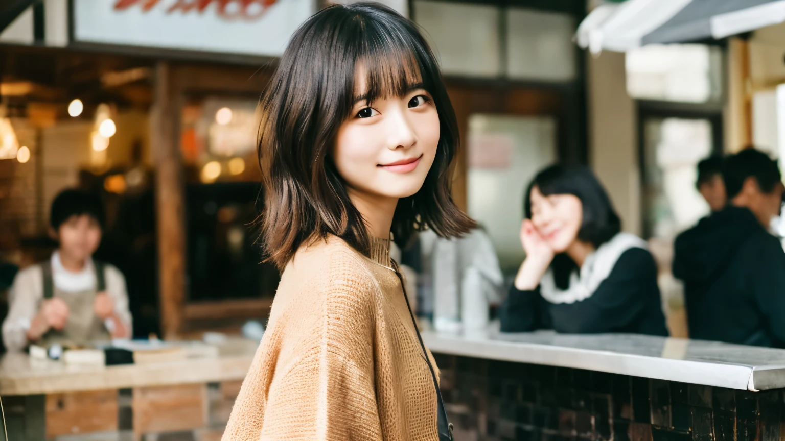 super high quality, Short Hair, Slender, Gravure photoshoot, The staff is working at the counter in the back., (8k、RAW Photos、highest quality、masterpiece:1.2), Japanese Idol, Shaggy, Sportswear, Stylish café, (Realistic、Photorealistic:1.37), Mesh Hair, Normal chest, Urban Cafe, Golden Ratio, Raw photo, Cute face , Light Brown Hair, Bright cafe interior, Blurred Background, Spring Clothes, A sweet expression, Watching the audience, Beautiful hairstyle, 20-year-old, Hair blowing in the wind, Neat clothes, 
