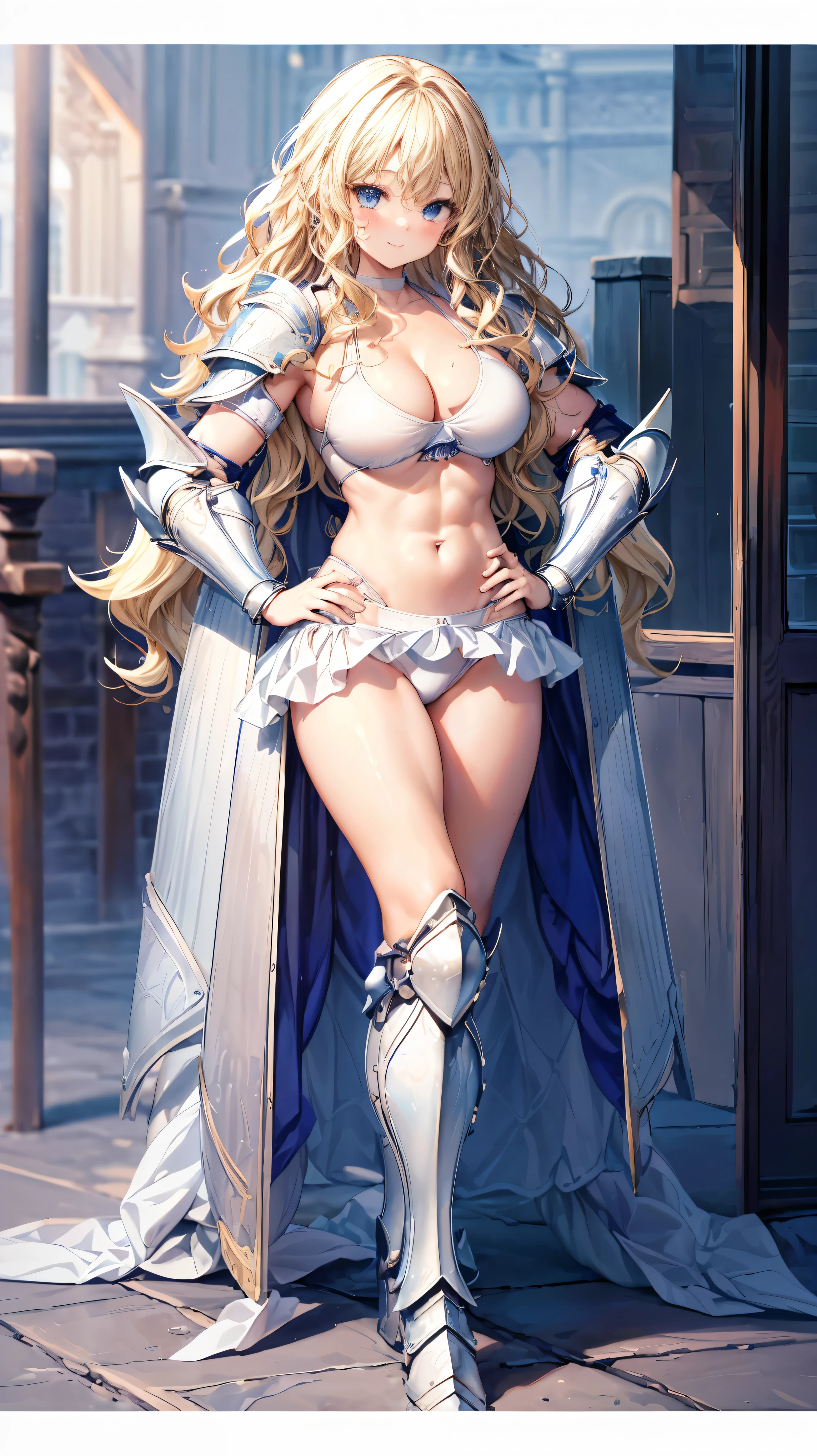 Very detailed、highest quality、Best image quality、masterpiece、8k、Anime Face、A kind smile、Open your mouth、Sparkling blue eyes、(Blonde wavy hair:1.5)、、Muscles of the whole body、Hands on hips、camisole、Thigh belt、mini skirt、(Wearing white bikini armor:1.5)、Cowboy Shot、(Leg armor:1.5)