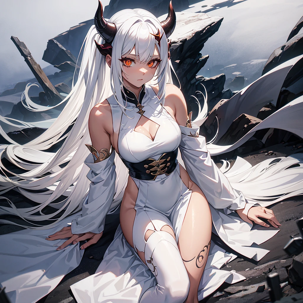 A girl with ((red skin, long white hair, yellow eyes, sexy clothes, and big breasts)). She also has ((red horns)). The colors of the image should be vivid, enhancing the fantasy style. The lighting should be dramatic, with high contrast and strong shadows. The image should be of the best quality, with a resolution of 4k or 8k, and it should be a masterpiece. The image should have a realistic look, with attention to detail.