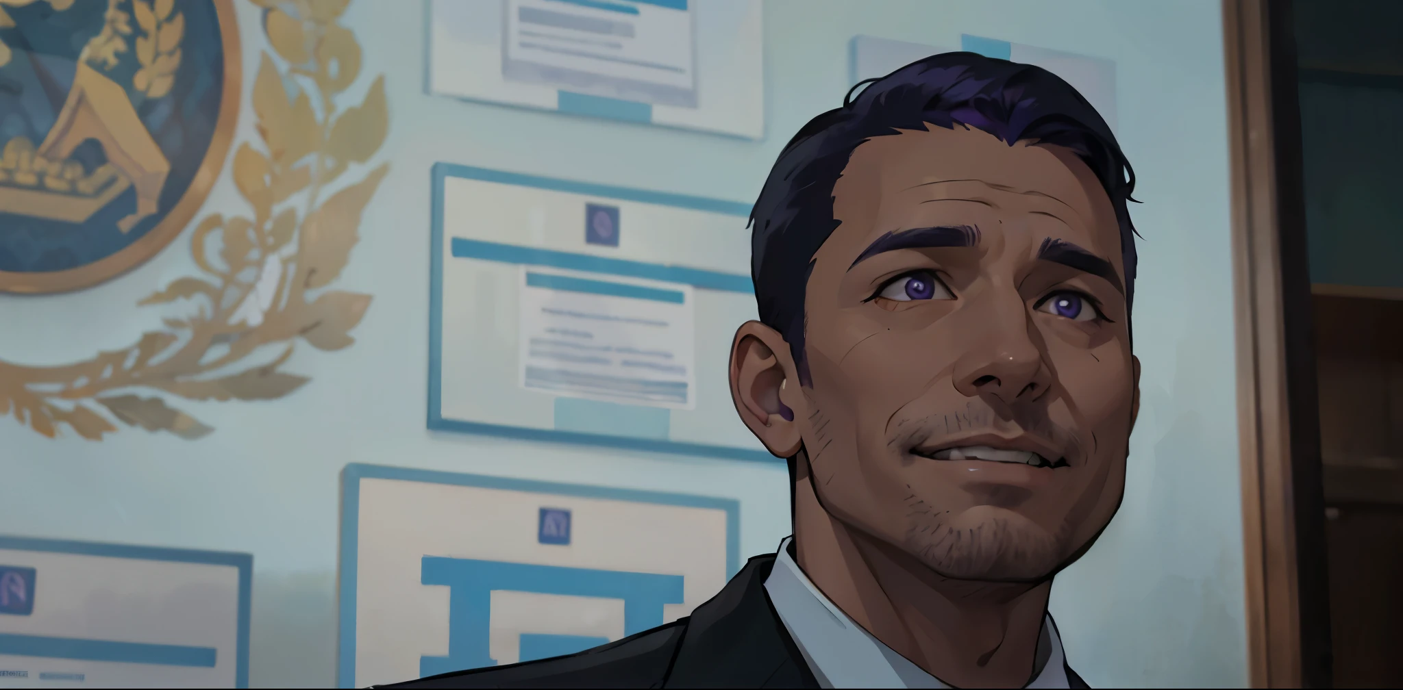 There is a 40-year-old man with purple eyes, purple hair, who speaks and smiles evilly.