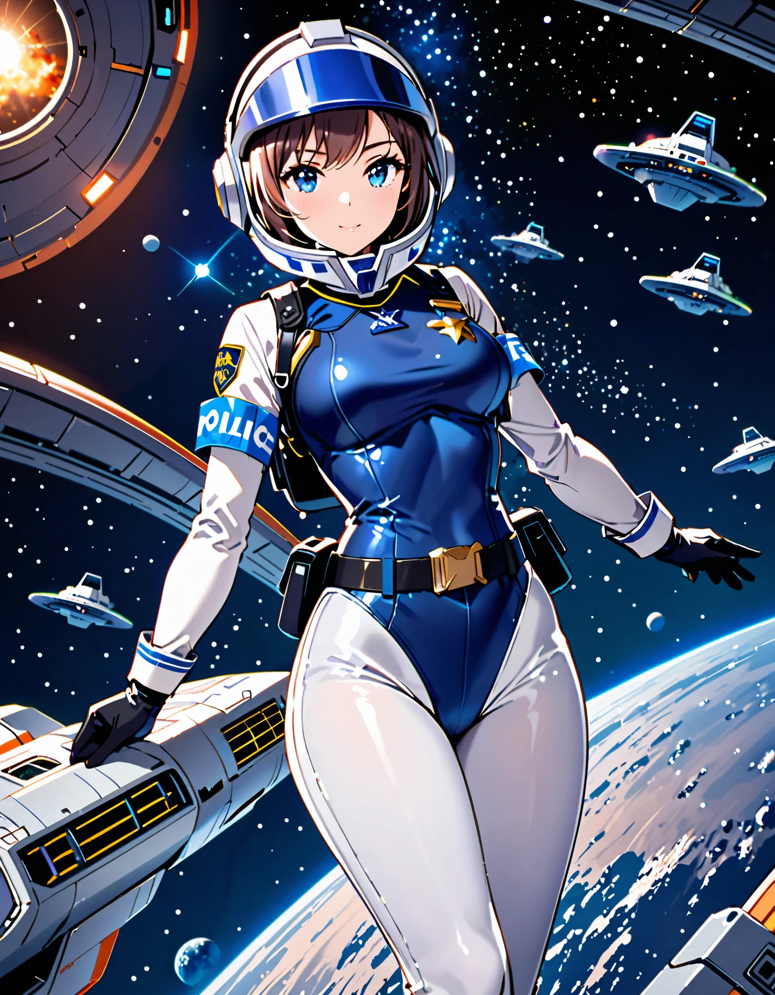 (masterpiece), (best quality), (high res),1girl, tall body, beautiful detailed eyes, beautiful detailed face, cute face, perfect hands, complete fingers, perfect anatomy, perfect proportions, ((hat, dark blue space helmet)), ((leotard, matching leotard, full white leggings)), ((boots, matching boots)), breasts, medium breasts, full gloves, (full body portrait), looking at viewer, solo, solo focus, flying in space, police uniform, cowboy shot, space station backdrop, outdoors, outer space, jetpack, (belt, tight belt), (armbands, white sleeves), full body costume design. 