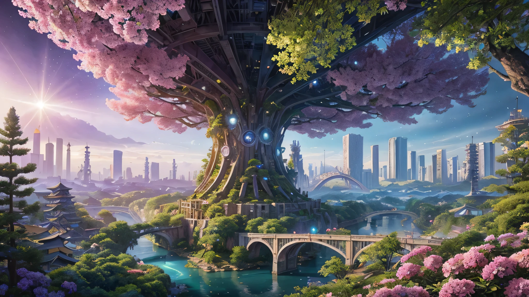 Masterpiece, robot hands a bouquet of flowers to a , mysterious, light emanates from the center, made from ruins, skyscraper, Tokyo, painting of a tree with a bridge, fantasy valley with a tree, high detailed fantasy , fantasy tree, colorful and detailed dreamscape, cosmic tree of life