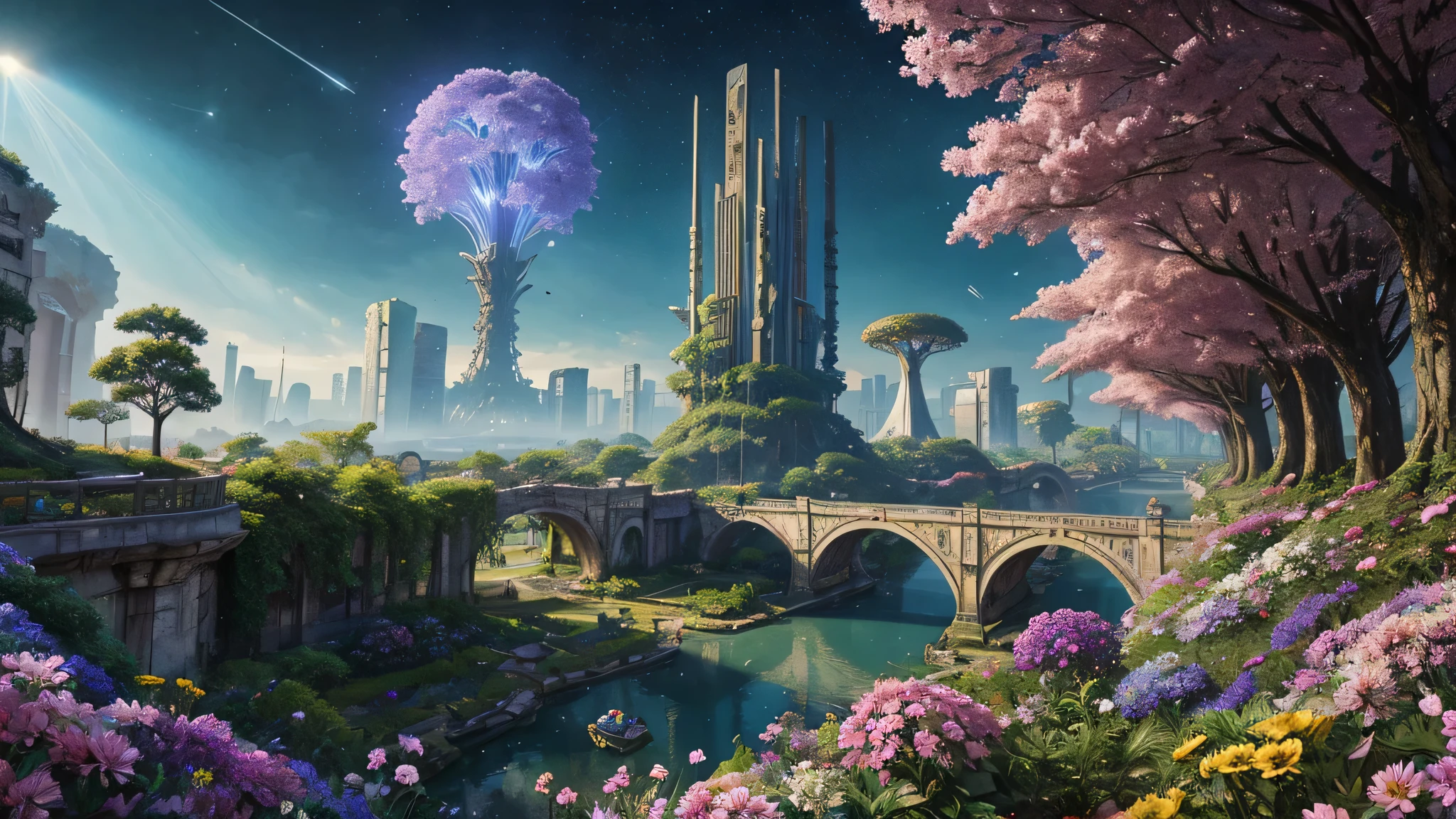 Masterpiece, robot hands a bouquet of flowers to a , mysterious, light emanates from the center, made from ruins, skyscraper, Tokyo, painting of a tree with a bridge, fantasy valley with a tree, high detailed fantasy , fantasy tree, colorful and detailed dreamscape, cosmic tree of life