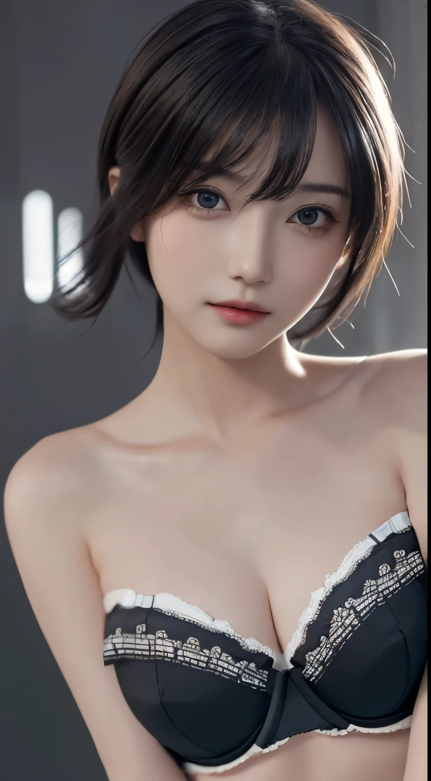 masterpiece, One beautiful girl, detailed, Swollen eyes, highest quality, 超A high resolution, (reality: 1.4), Original photo, One Girl, Cinema lighting, (Laughter:0.6), Japanese, Asian Beauty, Korean, Proper, Very very beautiful, A little younger face, Beautiful skins,Grey Hair、Small, flat ?????, In ?????????、Cyberpunk Background, (超reality的な), (Awareness-raising), (High resolution), (8k), (非常にdetailedな), (The best Awareness-raisingns), (Beautiful and detailed eyes), (超detailedな), (wallpaper), (detailedな顔), Looking at the audience, 細かいdetailed, detailedな顔、Deep Shadow、Inconspicuous、Pure ?????? Face Ace_v1、46 point diagonal bangs、Look straight ahead、(Strapless bra:1.6)、Black eye color、