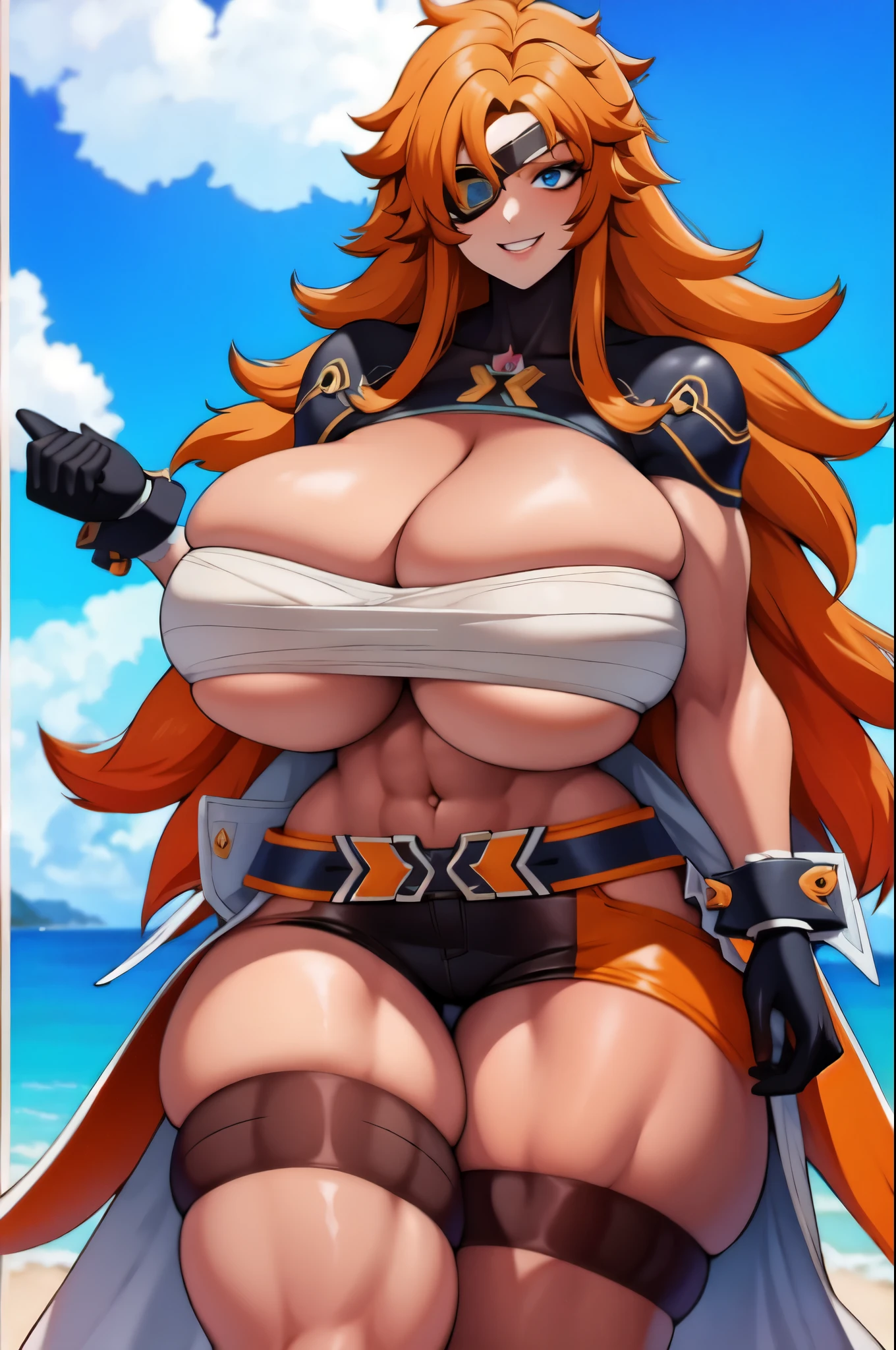 (masterpiece, best quality:1.2), 1girl, solo, eyepatch, cleavage, bandaged_breasts, long_orange_hair, cowboy shot, standing, beach, tall, huge breasts, underboob, hands behind head, ATB, bursting breasts, skindentation