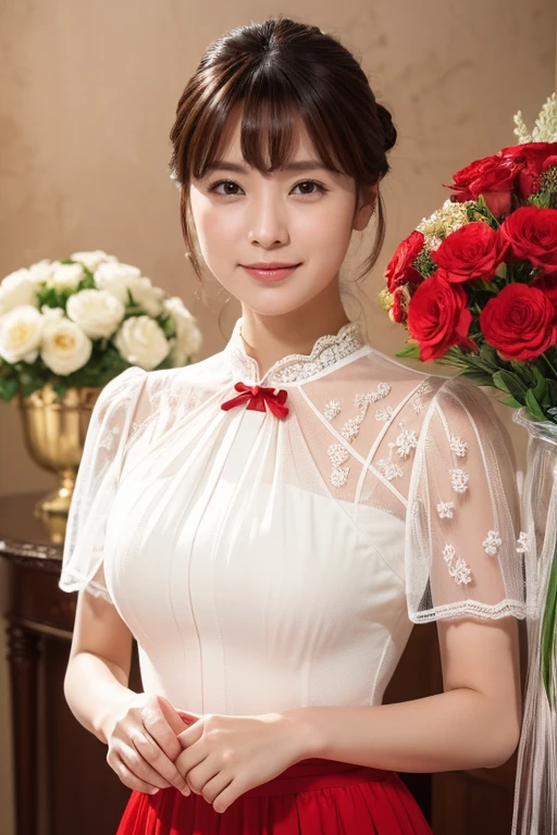 Medium view, medium shot, Depth of bounds written, bust, Upper body, cinematic angle, masterpiece, highest quality, Super detailed, cg, 8k wallpaper, beautiful face, delicate eyes, maiden, alone, smile, bangs, skirt, shirt, have, Crimson dress, bow, petal, bouquet