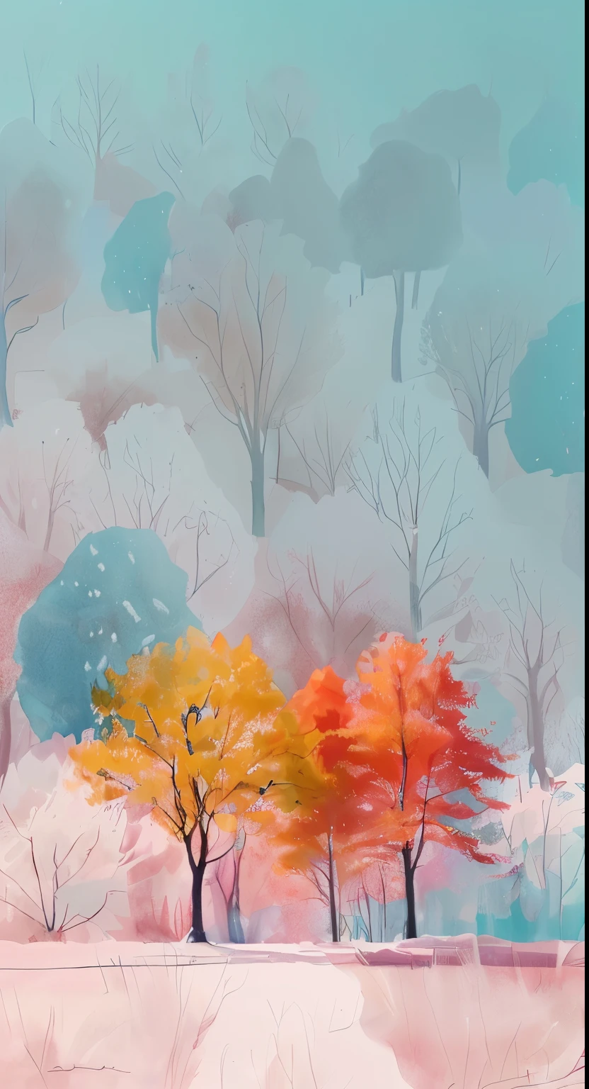 There are many snow covered trees in the forest, Soft forest background, Colorful trees, Landscape Artwork, forest color, background technology, Autumn forest, Landscape Art Detail, Beautiful art UHD 4K, procreate illustrations, Colorful exotic trees, The numbers are very detailed, bright forest, Dreamy colors, background technologywork, Colorful landscape paintings