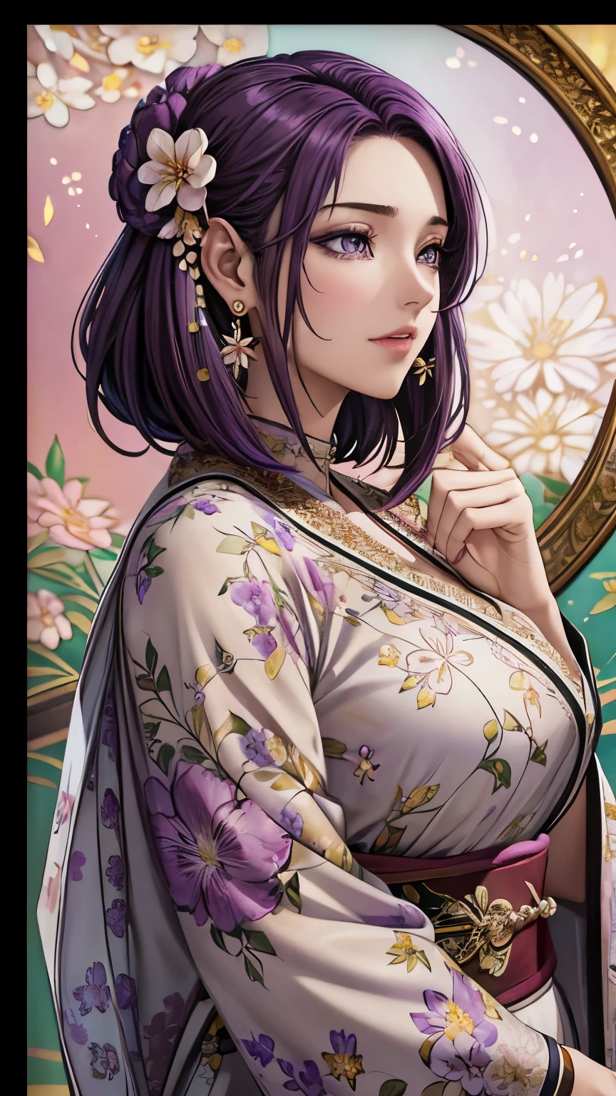 (​masterpiece, top-quality, top-quality, Official art, Beautifully Aesthetic:1.2), purple eyes, (highest quality, masterpiece painting:1.3), immature woman, ************, (half body shot), masterpiece, ultra high resolution, (((Flower frame, A lot of flowers in the frame, round frame, A beautiful girl fits into the frame))), Decorative panel, abstract art, (shot from a side angle), (Photoreal:1.0), ((purple hair)),straight hair, beautiful shining hair, white and shining skin, Painterly, sketch, Texture, 超A high resolution, solo, Beautuful Women, A highly detailed, (Fractal Art:1.1), (colourfull:1.1), (florals:1.6), The most detailed, (Zentangle:1.2), (Dynamic Poses), (Abstract background:1.3), (shinny skin), (Many colors:0.8), (earrings:1.4), (pluma:0.9), Taisho romance