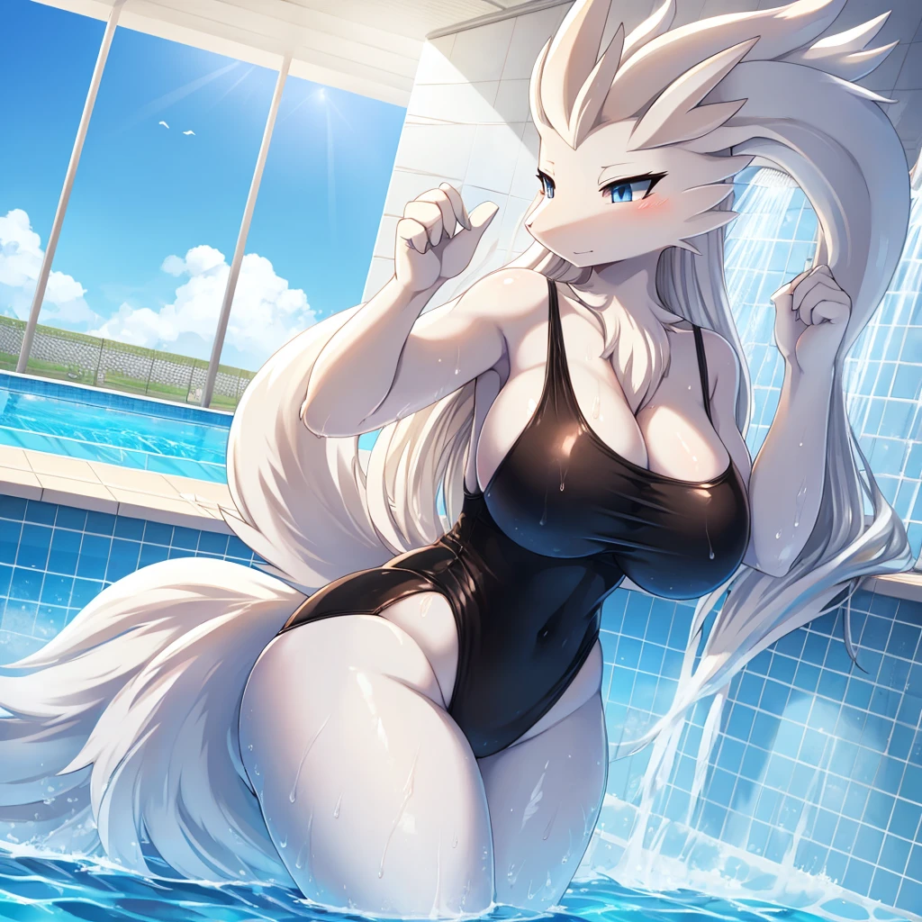 Reshiram,furry,Cute Moe,big breasts,good quality,Good resolution,go to swimming pool,Wear a black one-piece swimsuit.,Good light and shadow details,shade,Take a sexy shower,sexual face
