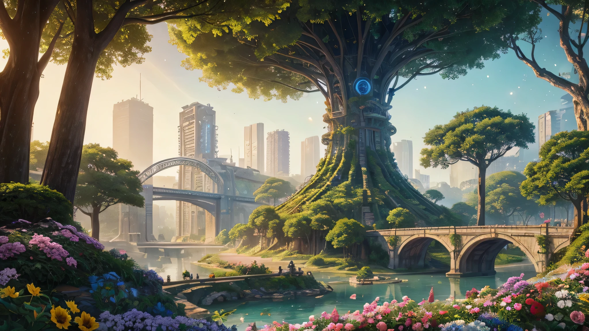 Masterpiece, robot hands a bouquet of flowers to a , mysterious, light emanates from the center, made from ruins, skyscraper, Tokyo, painting of a tree with a bridge, fantasy valley with a tree, high detailed fantasy , fantasy tree, colorful and detailed dreamscape, cosmic tree of life