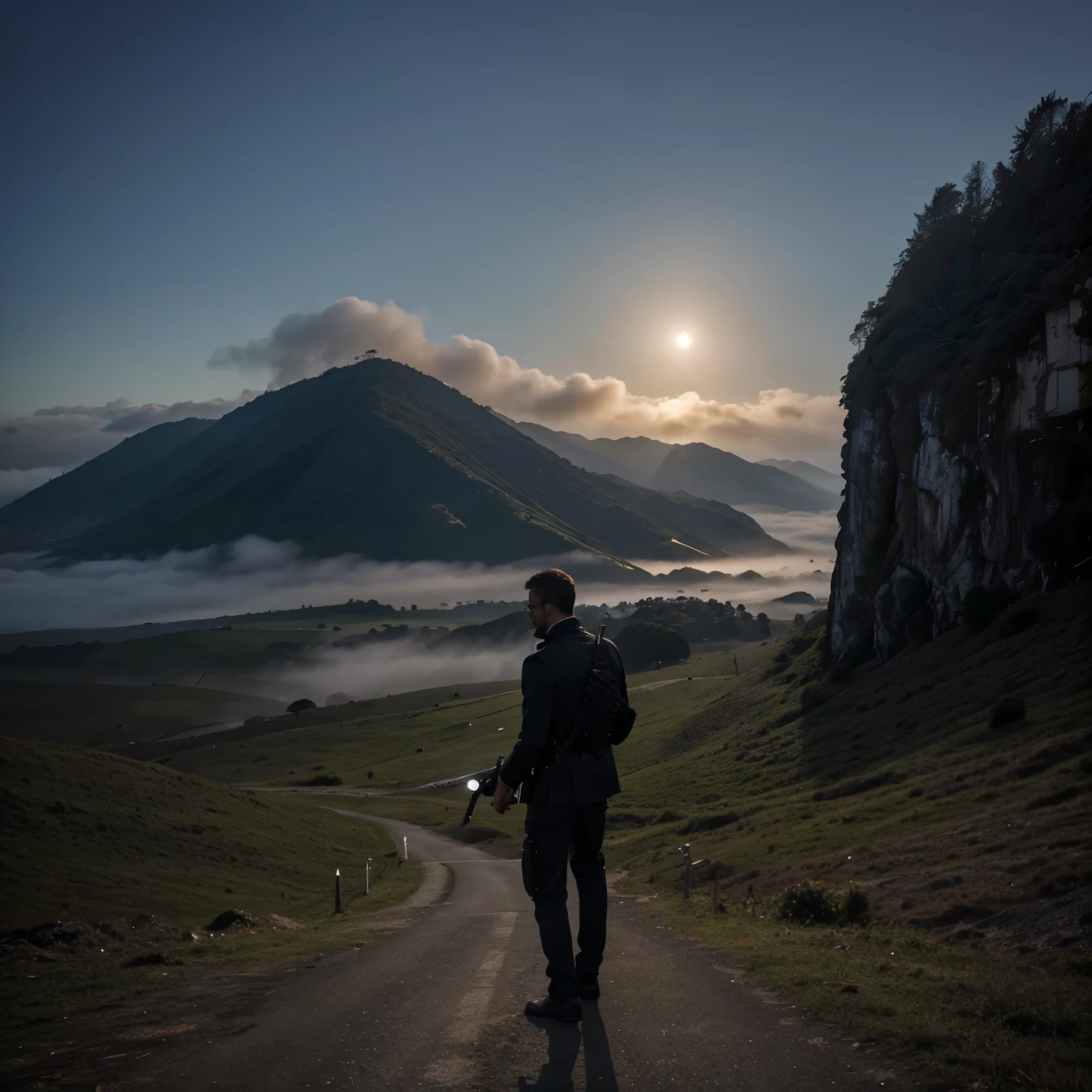 Imagem de um homem de terno e armado com uma pistola, olhando para baixo, background scenery with not very dense fog