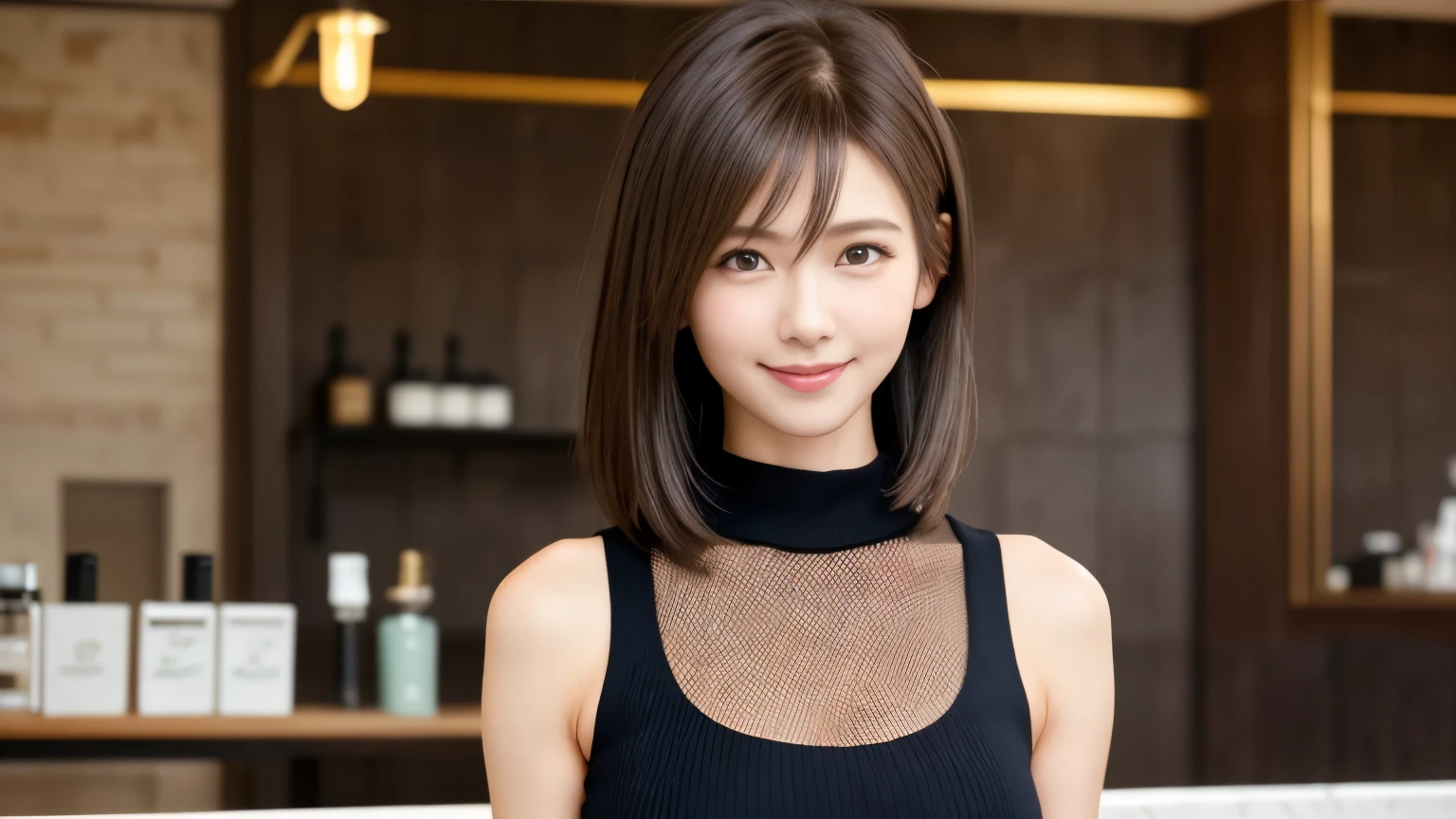 super high quality, Fashion Model, Short Hair, Slender, Gravure photoshoot, The staff is working at the counter in the back., (8k、RAW Photos、highest quality、masterpiece:1.2), Shaggy, (Realistic、Photorealistic:1.37), Mesh Hair, Normal chest, Golden Ratio, Raw photo, Cute face , Light Brown Hair, tight knit dress, Blurred Background, Beauty salon model, Spring Clothes, Cafe with a calm atmosphere, Well-designed furniture, Watching the audience, Beautiful hairstyle, Spoiled, Smile, 30 years old, Cool older sister, 
