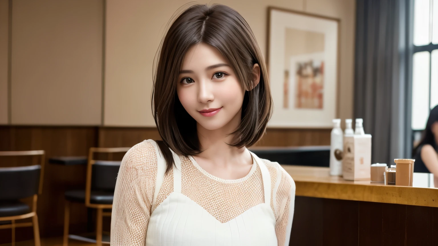 super high quality, Fashion Model, Short Hair, Slender, Gravure photoshoot, The staff is working at the counter in the back., (8k、RAW Photos、highest quality、masterpiece:1.2), Shaggy, (Realistic、Photorealistic:1.37), Mesh Hair, Normal chest, Golden Ratio, Raw photo, Cute face , Light Brown Hair, tight knit dress, Blurred Background, Beauty salon model, Spring Clothes, Cafe with a calm atmosphere, Well-designed furniture, Watching the audience, Beautiful hairstyle, Spoiled, Smile, 30 years old, Cool older sister,