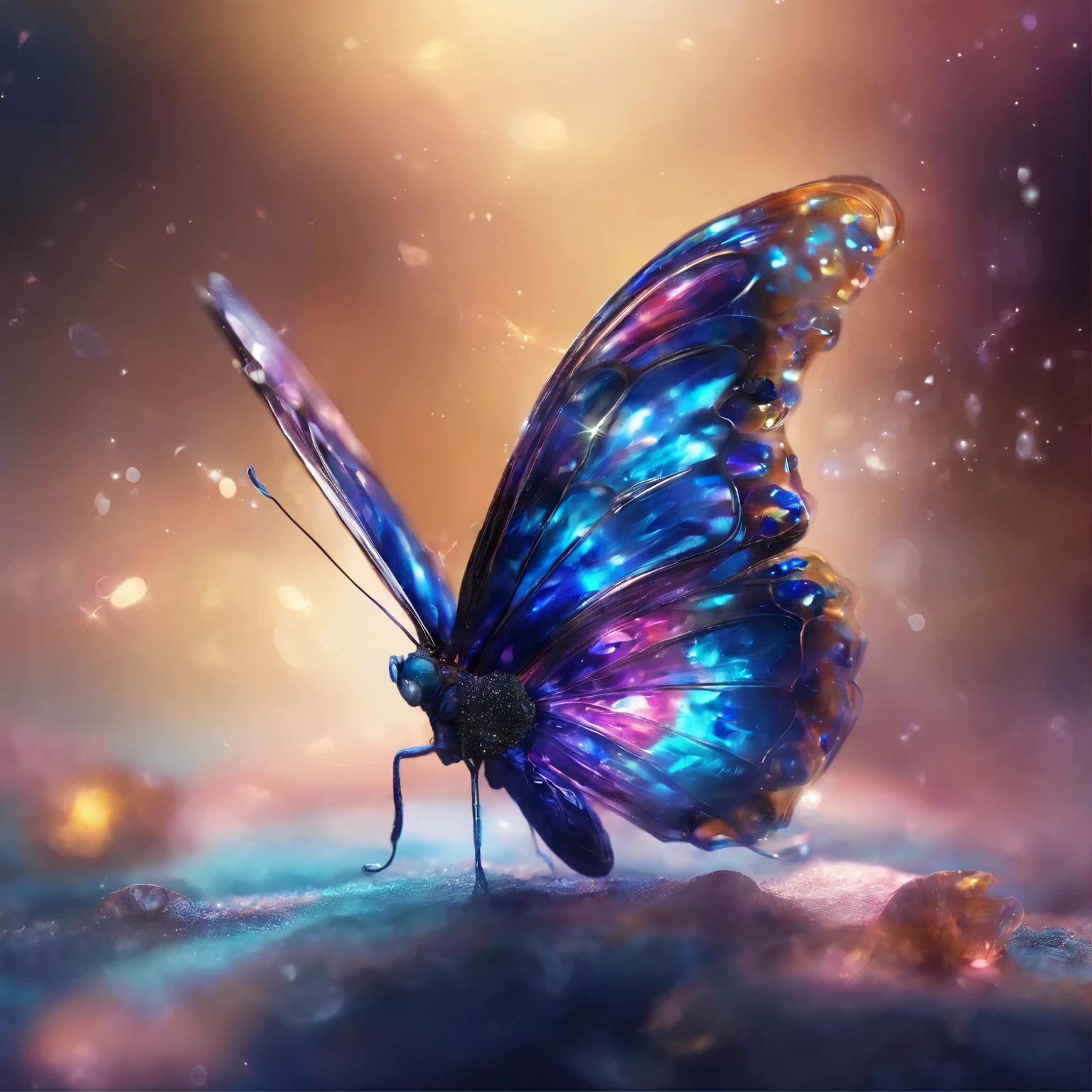 Sapphire-colored butterfly,Their colors are not of this world.,Glittering like stardust. This butterfly flies through space with flowing liquid metal and floating crystals,Every flap of the wings creates subtle ripples in space.,Create surreal visual effects.,