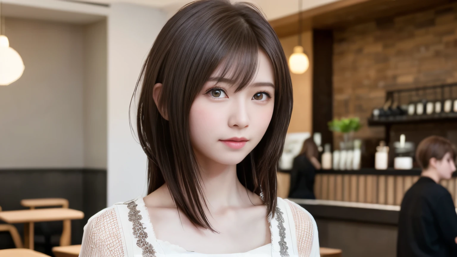 super high quality, Slender, Gravure photoshoot, The staff is working at the counter in the back., (8k、RAW Photos、highest quality、masterpiece:1.2), Japanese Idol, Stylish café, (Realistic、Photorealistic:1.37), Bob Hair, Mesh Hair, Normal chest, Urban Cafe, Golden Ratio, Raw photo, Cute face , Light Brown Hair, Bright cafe interior, Blurred Background, Spring Clothes, A sweet expression, Curly Hair, Loose Palmer, Watching the audience, Beautiful hairstyle, Spoiled, Obedience, Troubled expression, Hair blowing in the wind, Neat clothes, 18-year-old, younger sister, 
