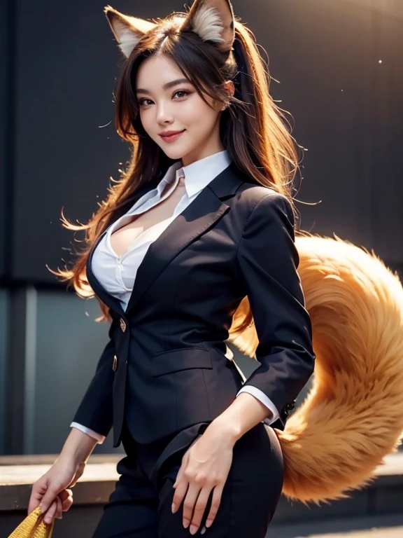 ((highest quality, 32k)), ((masterpiece)), (Get used to it), Perfect Face, Fox Girl, Beautiful woman, public, There is a tail, she has a fox tail, She wags her fluffy tail, smile, collar, She wears a business suit, Beautiful hip line, A tail sticking out from a business suit, Large Breasts, Big Ass