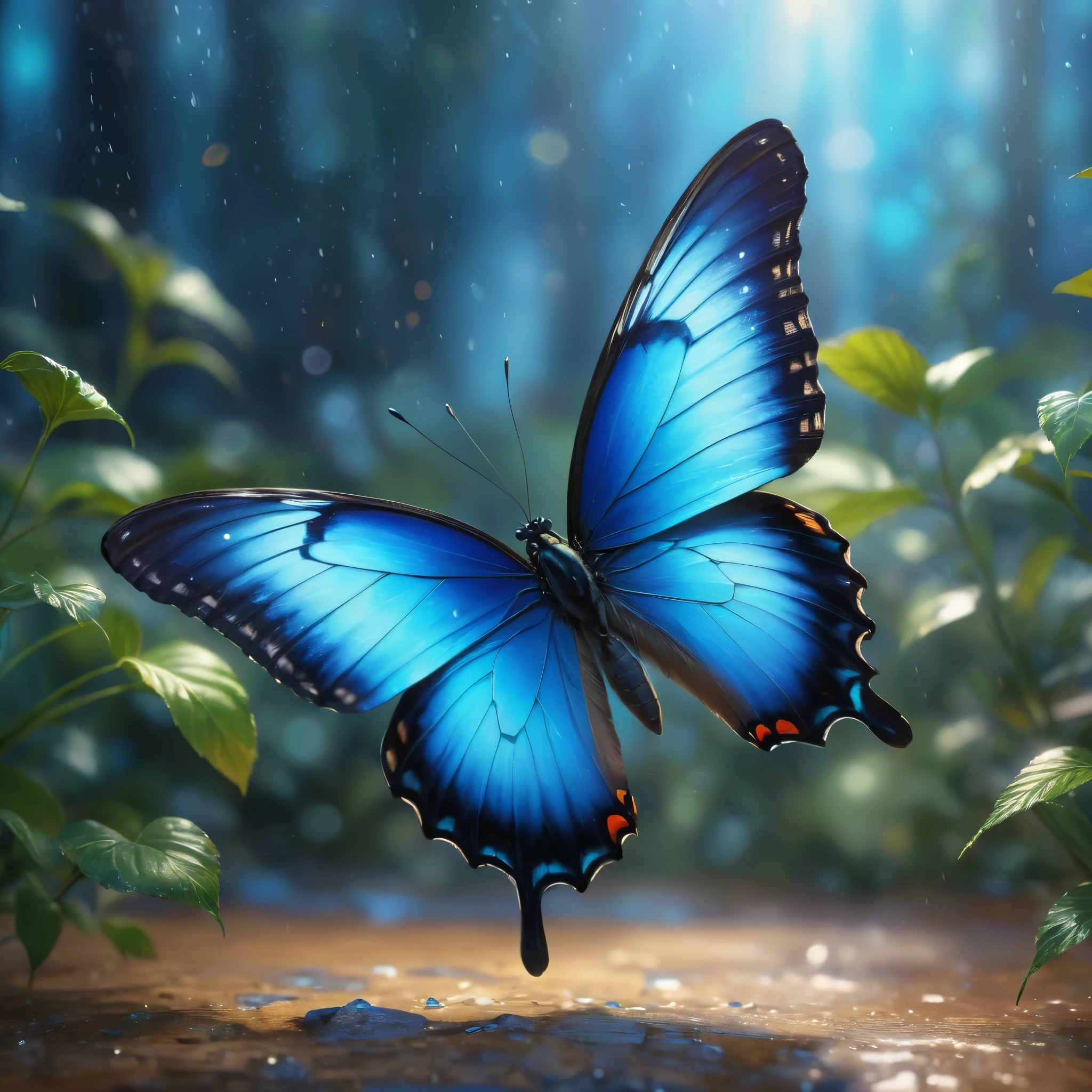 A blue butterfly dancing gracefully in a dreamy light, with dynamic blur in a hurricane, detailed textures, vivid colors, and a mysterious atmosphere. (best quality,4k,8k,highres,masterpiece:1.2),ultra-detailed,(realistic,photorealistic,photo-realistic:1.37),HDR,UHD,studio lighting,ultra-fine painting,sharp focus,physically-based rendering,extreme detail description,professional,vivid colors,bokeh,portraits