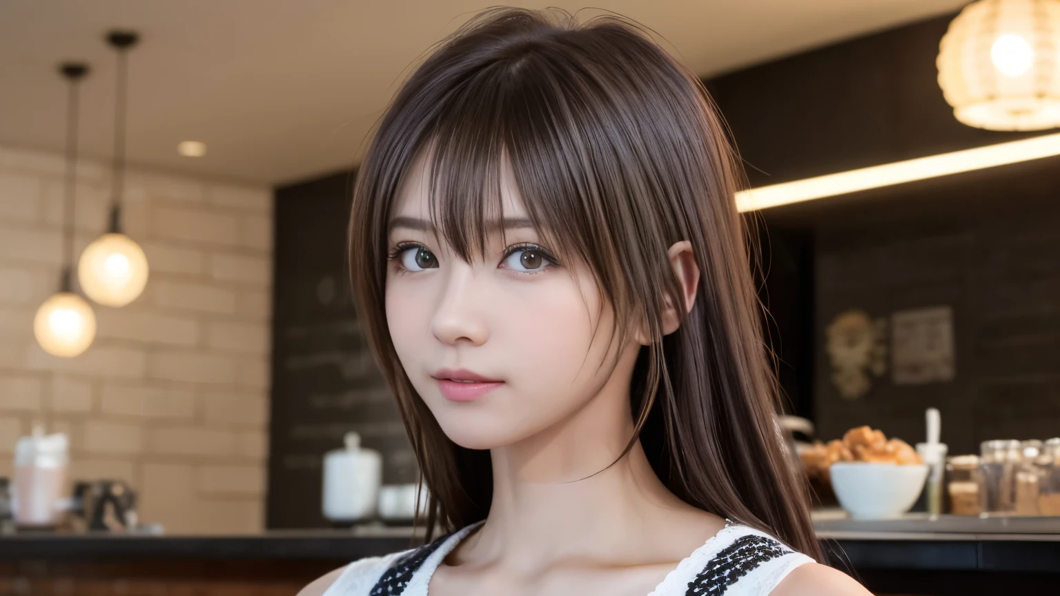 super high quality, Slender, Gravure photoshoot, The staff is working at the counter in the back., (8k、RAW Photos、highest quality、masterpiece:1.2), Japanese Idol, Stylish café, (Realistic、Photorealistic:1.37), Bob Hair, Mesh Hair, Normal chest, Urban Cafe, Golden Ratio, Raw photo, Cute face , Light Brown Hair, Bright cafe interior, Blurred Background, Spring Clothes, A sweet expression, Curly Hair, Loose Palmer, Watching the audience, Beautiful hairstyle, Spoiled, Obedience, Troubled expression, Hair blowing in the wind, Neat clothes, 18-year-old, younger sister,