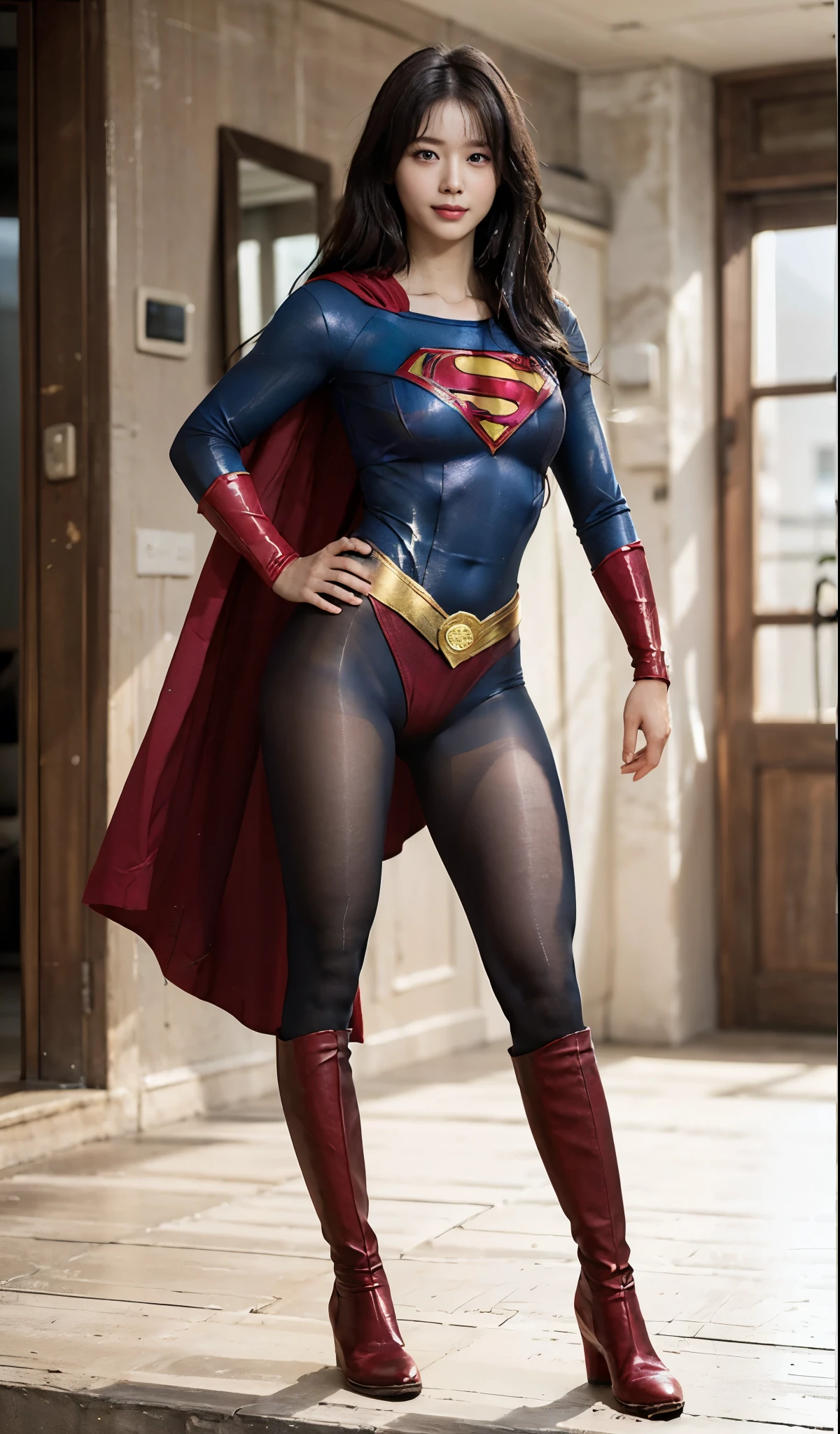 No background、(((Beautiful legs in black tights.)))、(((Legally express the beauty of your smile)))、((((Make the most of your original images)))、(((Supergirl Costume)))、(((Beautiful Hair)))、(((suffering)))、(((Please wear black tights....、Wear red boots)))、((Best image quality、8k))、((highest quality、8k、masterpiece:1.3))、(((Preserve background )))、Sharp focus:1.2、Beautiful woman with perfect figure:1.4、Slim Abs:1.2、Wet body:1.5、Highly detailed face and skin texture、8k