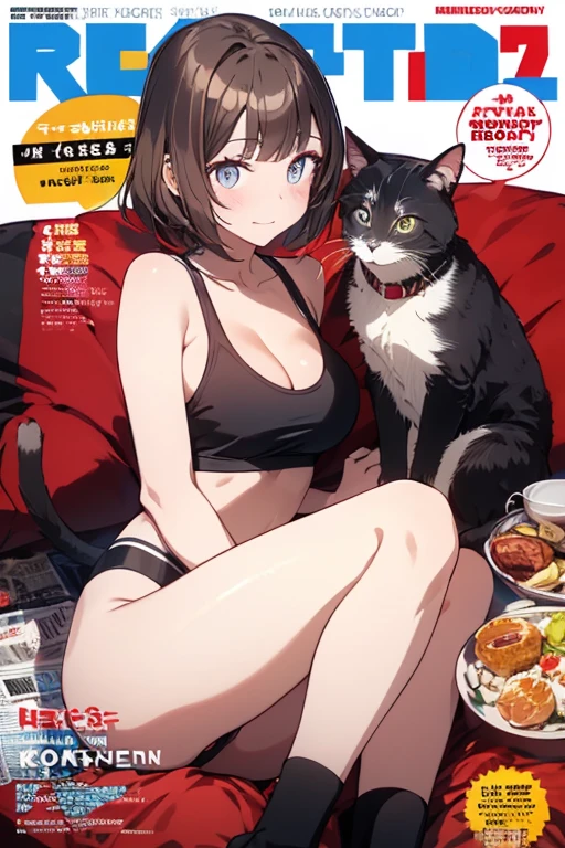(from above:1.2),(from side:0.9), ((Face)), (Close-Up:0.4), ((looking at viewer, holding a cat)),(magazine cover:1.4), highest quality、(real、photorealistic:1.4),(ultra high resolution, 8K RAW photo, clear focus), best qualtiy, natural lighting, field depth, (Bright pupils, detailed beautiful eyes, high detailed face), Red lip, (tight focus:1.2, from below), sexy posing, seductive weak smiling, Looking at Viewer, Cinematic lighting, Perfect, softlight, High resolution skin:1.2, Realistic skin texture, body tired from sports、22 years old mature woman、a small face、beautiful-makeup、Makeup light、Shortcut Hair、dark brown hair、Bust A Cup, Amazing Cleavage:1.2, thin waist, big ass, Raised sexy, big breast: 1.2 posed cleavage:1.2、off shoulders、Sportsbra、legginullnude、cute wall background .
