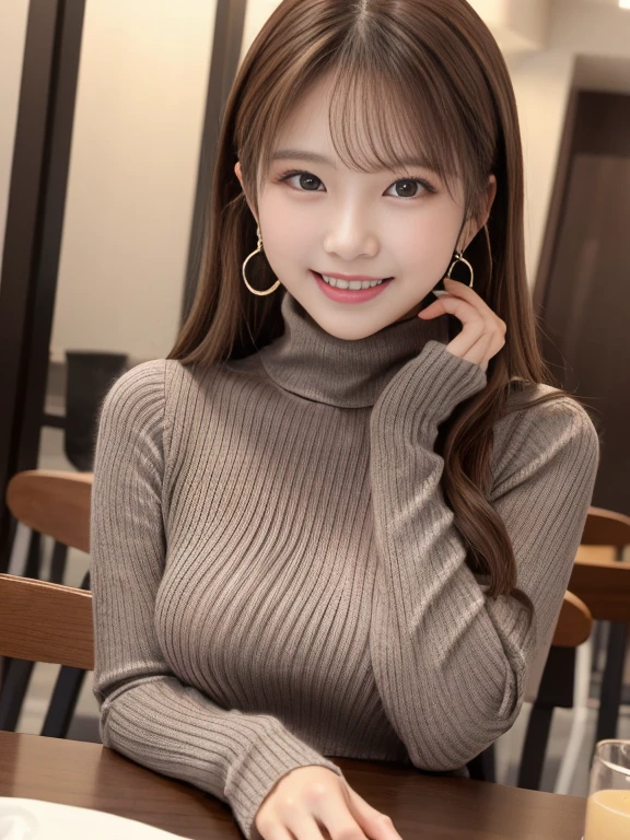 breasts on table, long hair, looking at viewer, closed mouth, 1girl, sweater, ribbed sweater, turtleneck sweater, smile, grey eyes, earrings, solo, upper body two side up, breast rest, pov across table, brown hair, blush, long sleeves, jewelry