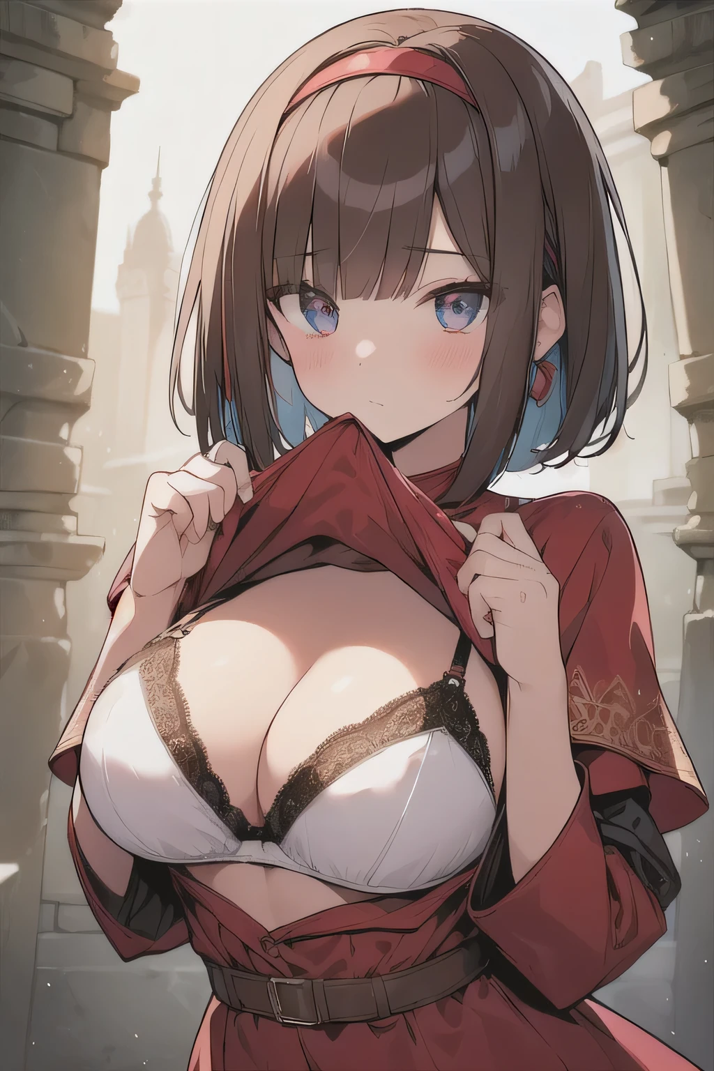 (best quality), (Super detailed), (Best Illustration), (woman), look at viewer, {(red wizard dress:1.2), (clothes lift:1.2), (show off bra:1.3)}, (large breasts), {(detailed eyes), (heart-shaped pupils), blue eyes}, {brown hair, (sideburns), (bob cut:1.3), curly hair, hairs between eyes, colored inner hair}, blush, earring, hair band, Ancient Ruins