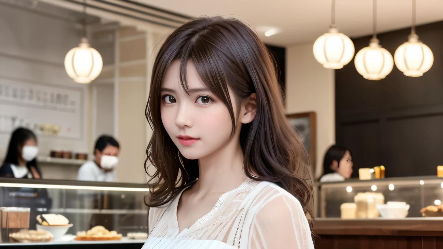 super high quality, Slender, Gravure photoshoot, The staff is working at the counter in the back., (8k、RAW Photos、highest quality、masterpiece:1.2), Japanese Idol, Stylish café, (Realistic、Photorealistic:1.37), Bob Hair, Mesh Hair, Normal chest, Urban Cafe, Golden Ratio, Raw photo, Cute face , Light Brown Hair, Bright cafe interior, Blurred Background, Spring Clothes, A sweet expression, Curly Hair, Loose Palmer, Watching the audience, Beautiful hairstyle, Spoiled, Obedience, Troubled expression, Hair blowing in the wind, Neat clothes, 18-year-old, younger sister,