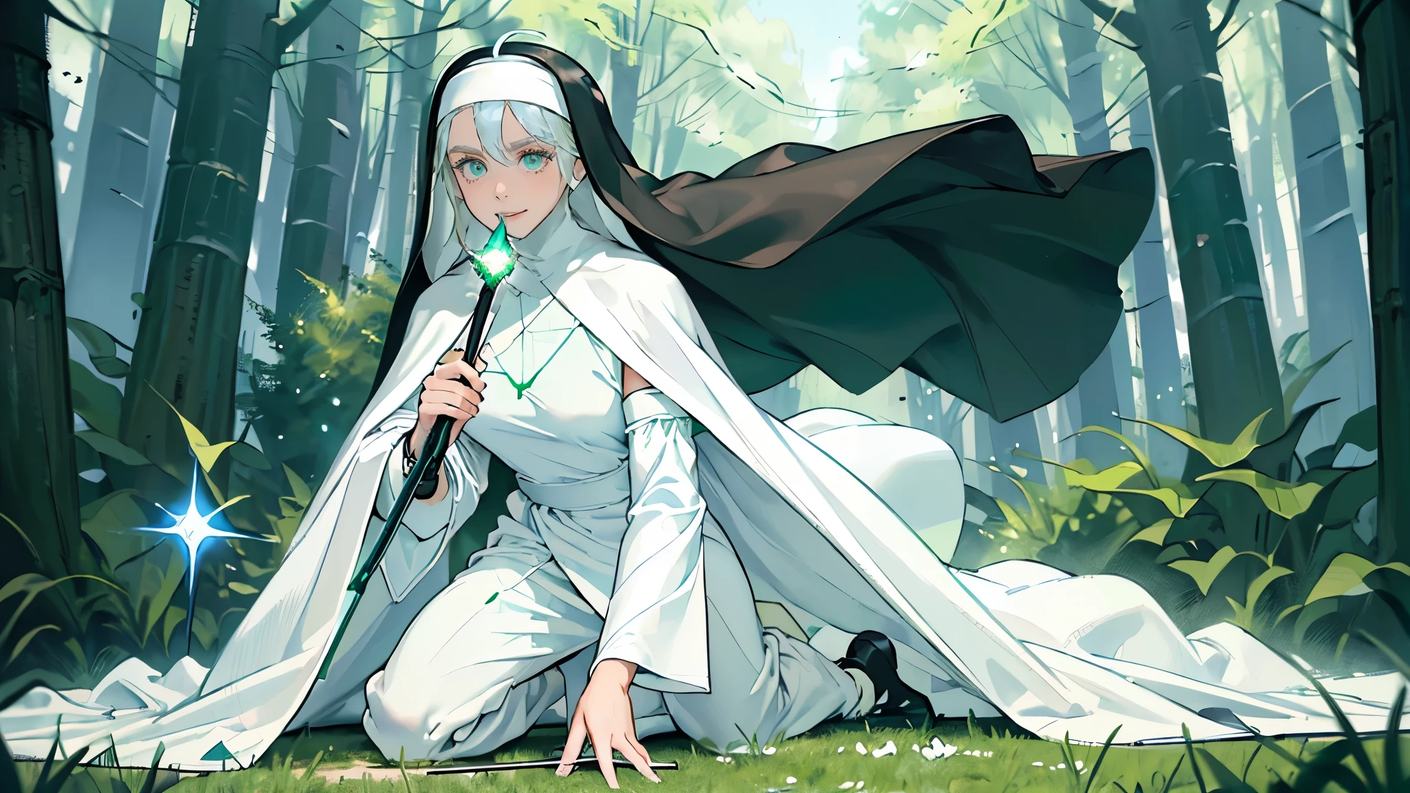 masterpiece, ultra detailed, 8k portrait, RAW photo, portrait photography, Highly detailed face, beautiful and meticulous eyes, (Fantasy), 1 girl, solo, Young beautiful, (Nun:1.5), sitting, (light blue long thin hair:1.2), ahoge, forehead, Gentle face, smile, White skin, (armpit:1.2), (green and white puffy sleeve robes:1.5), (brown cape:1.5) Fluttering in the wind, (lowleg kneel length pants:1.5), Leather boots, (holding a magic wand:1.5), Midday Sun, Hyper realistic, Body model, medium breasts, Beautiful breasts, Long legs, in the medieval street, Ambient lighting, Shadow details, Camera focus on face, strong breeze, Light fog,